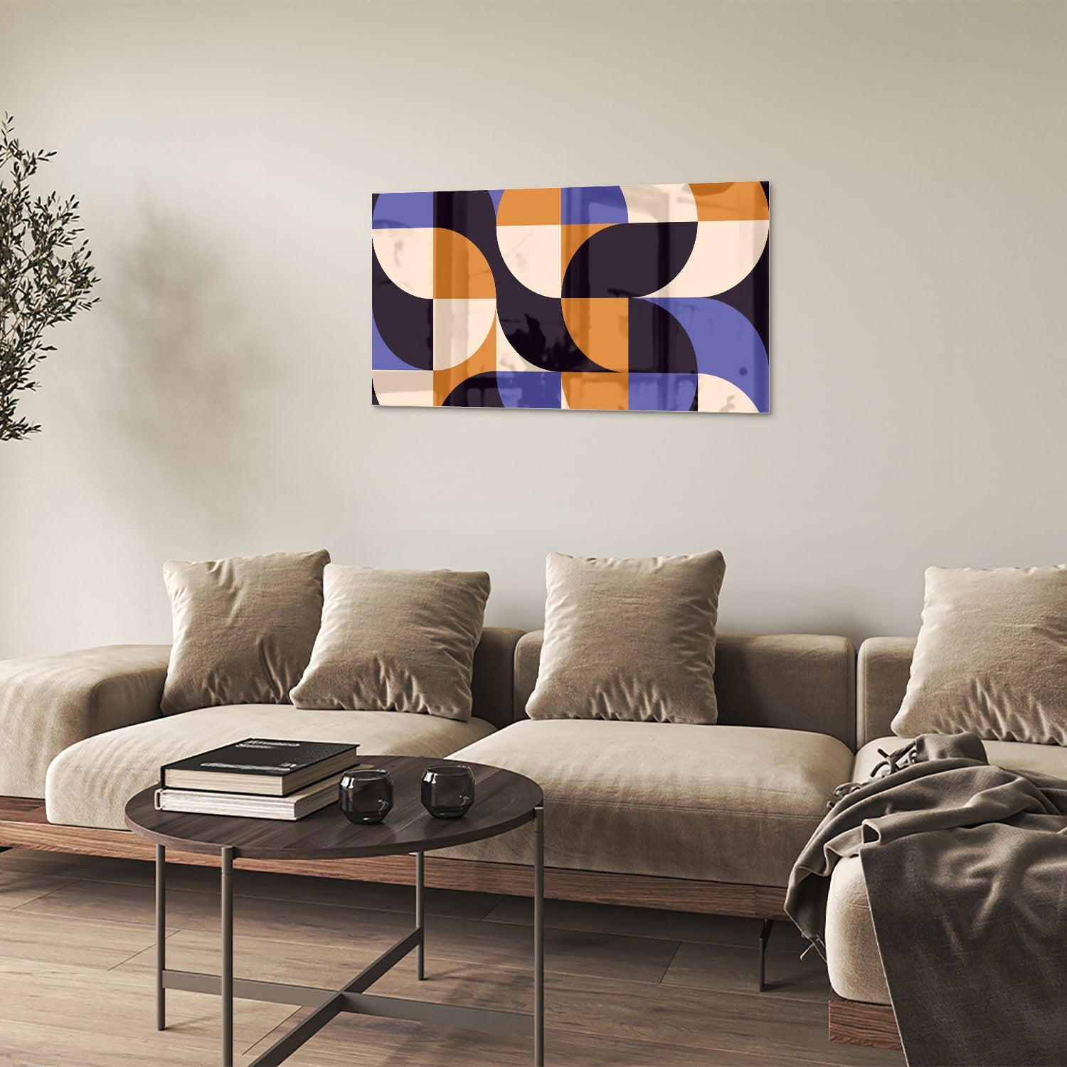Abstract glazen schilderij met blauwe en oranjekleurige vormen, perfect voor moderne interieurs.