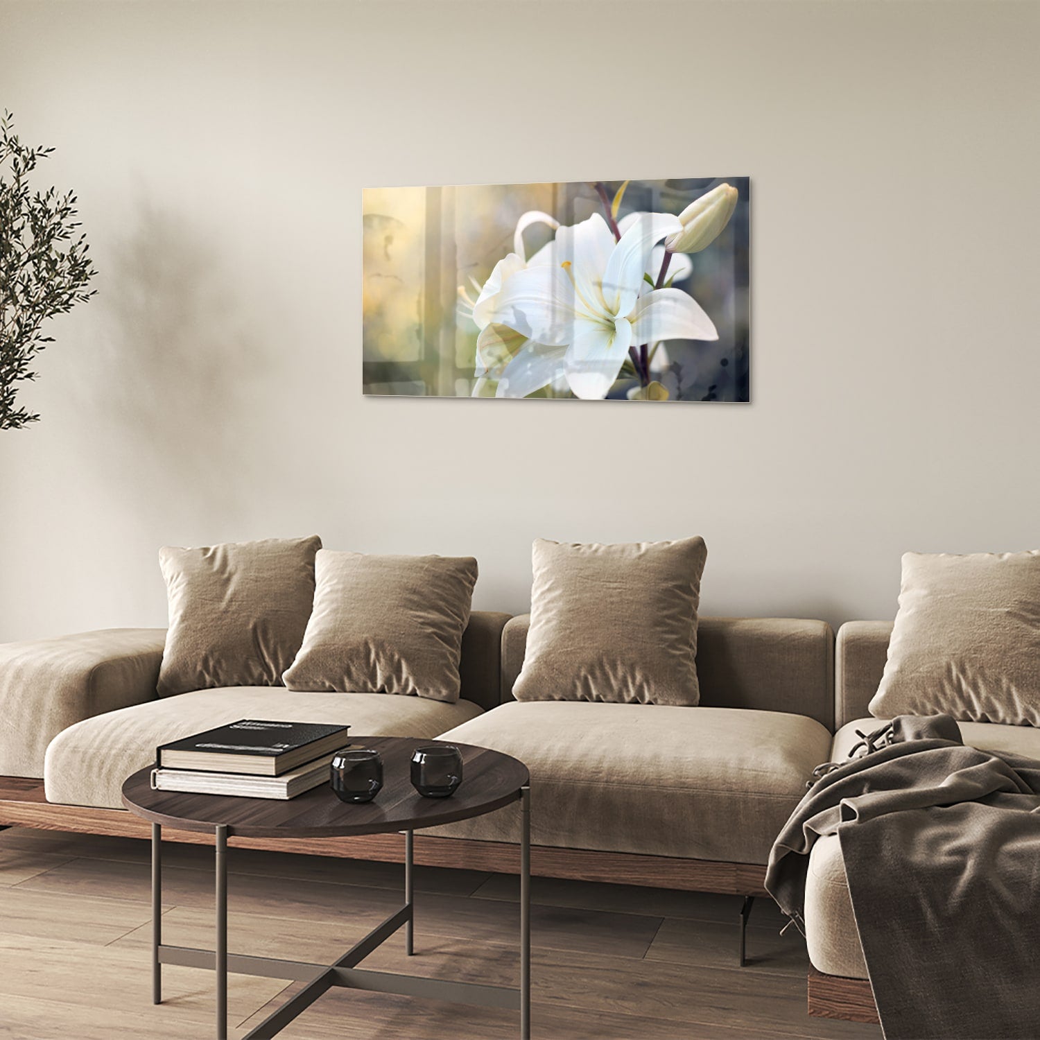 Elegant glazen schilderij van een witte lelie aan de muur