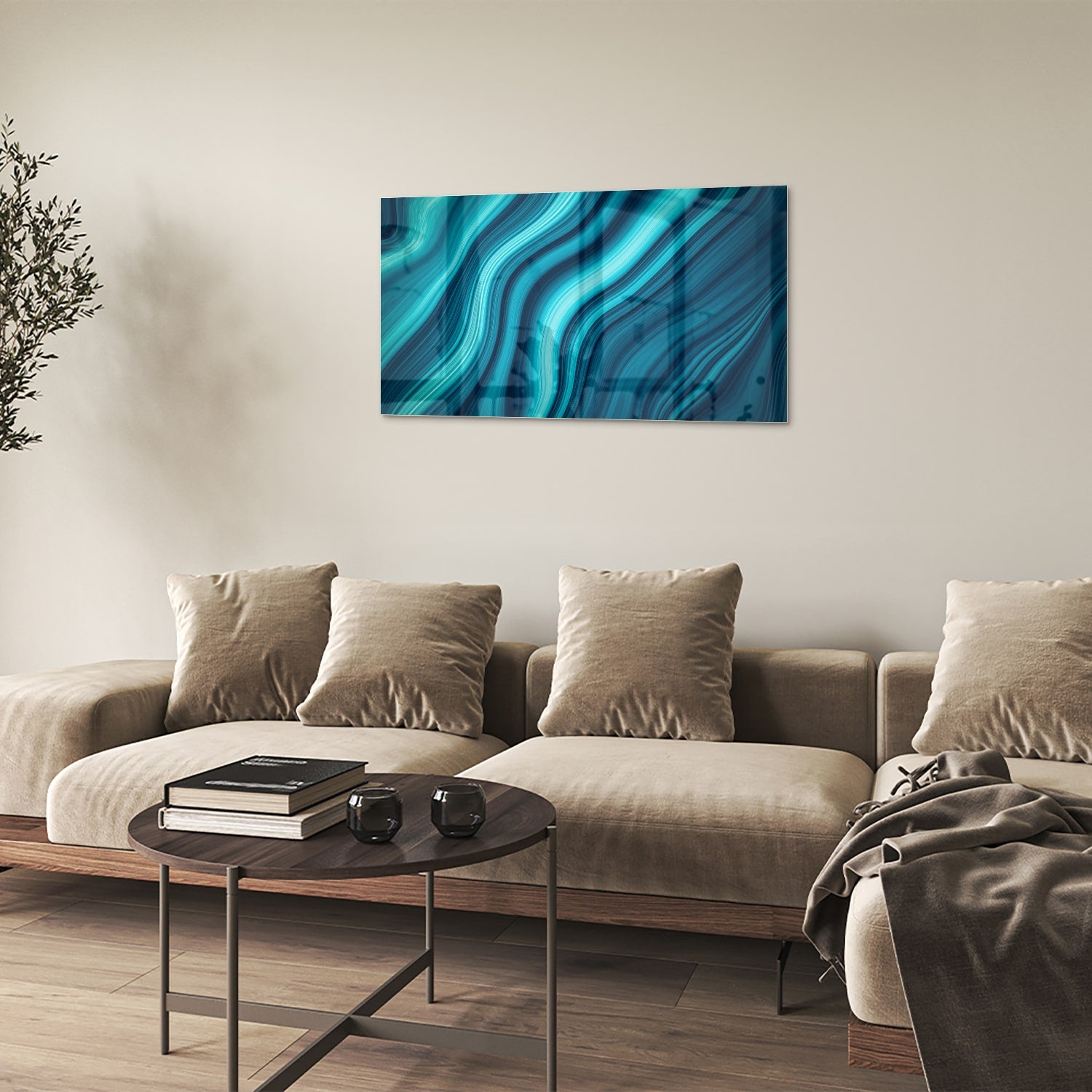 Moderne glazen schilderij met blauwe en groene golven aan de muur