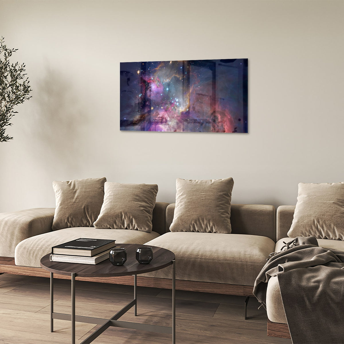 Glazen schilderij met een prachtig universum en sterren op een wand