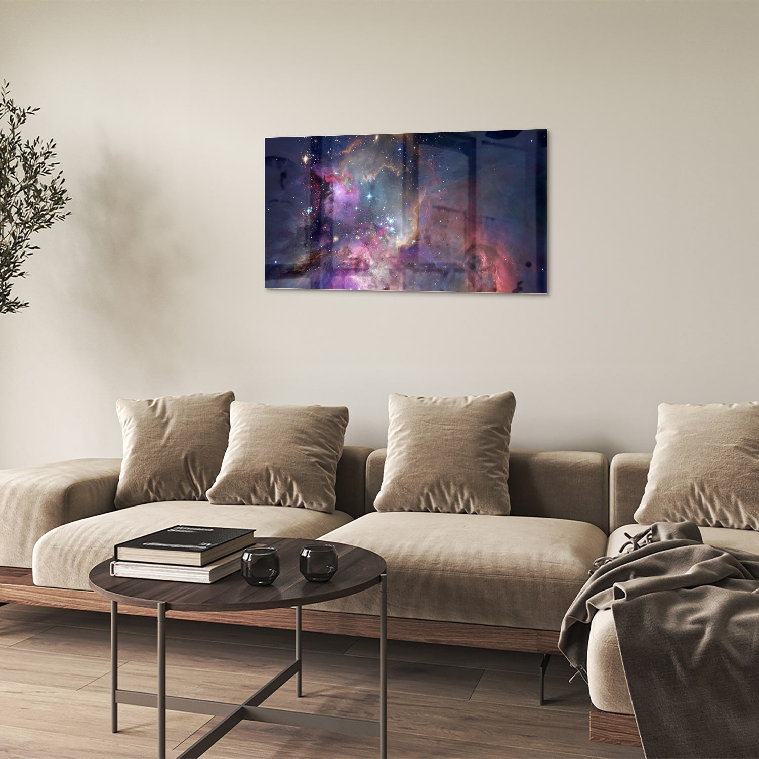 Glazen schilderij met een prachtig universum en sterren op een wand