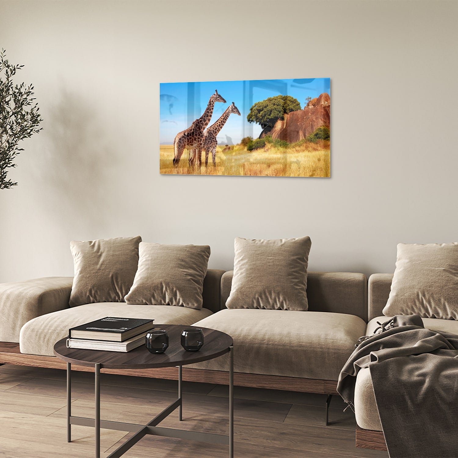 Glazen schilderij van twee giraffen in een Afrikaans landschap