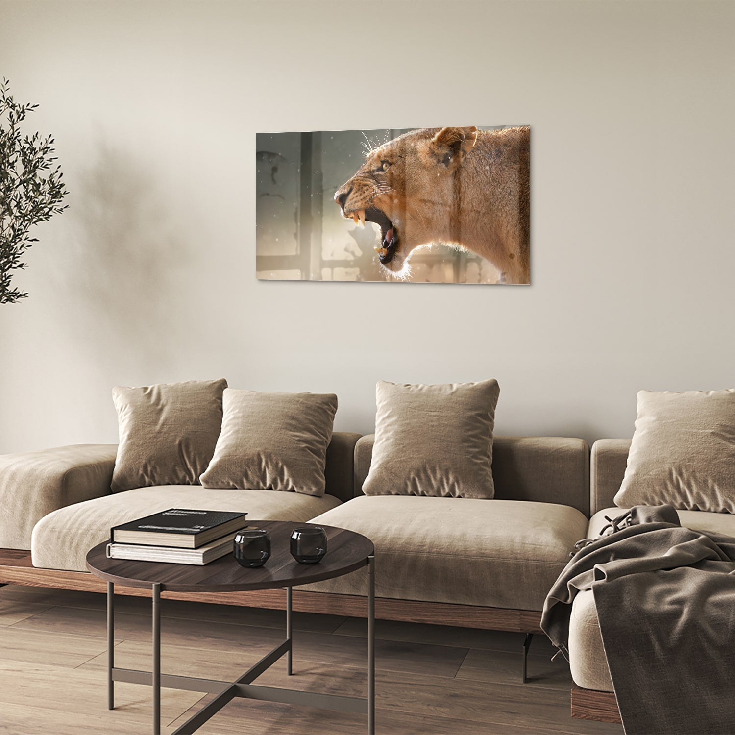 Glazen schilderij van een brullende leeuw, bijzonder kunstwerk voor aan de muur.