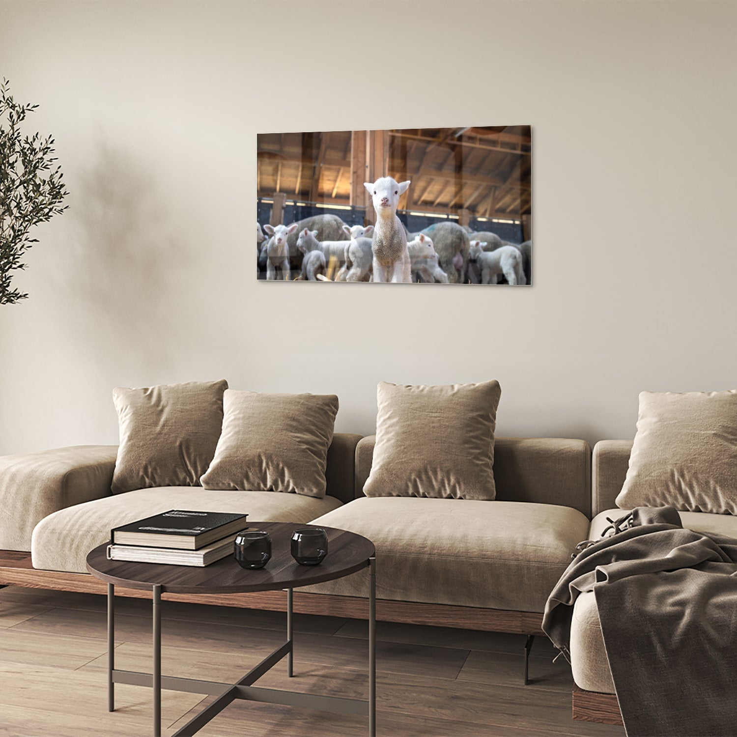 Glazen schilderij met lammetjes in een stal, perfect voor huisdecoratie.