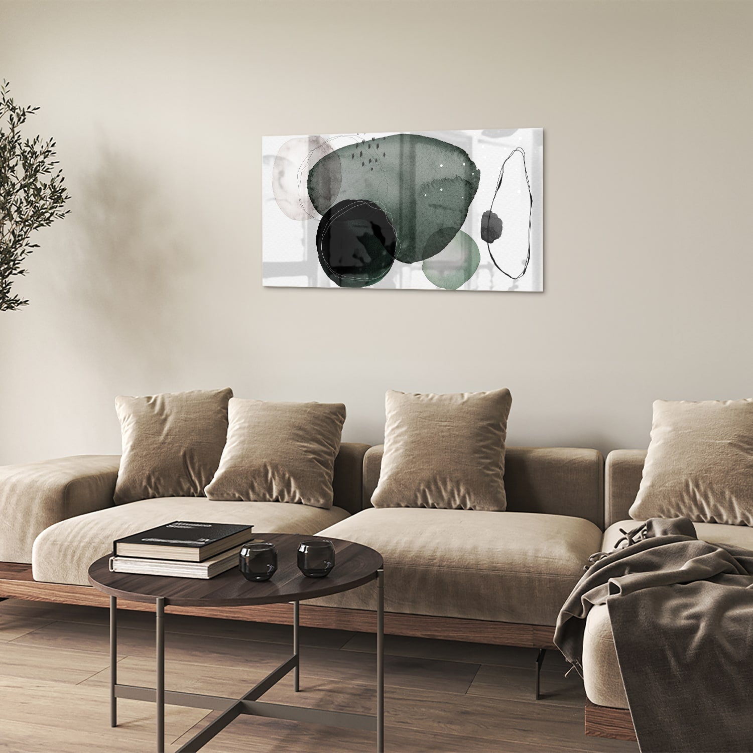 Abstract glas schilderij met groene en zwarte vormen