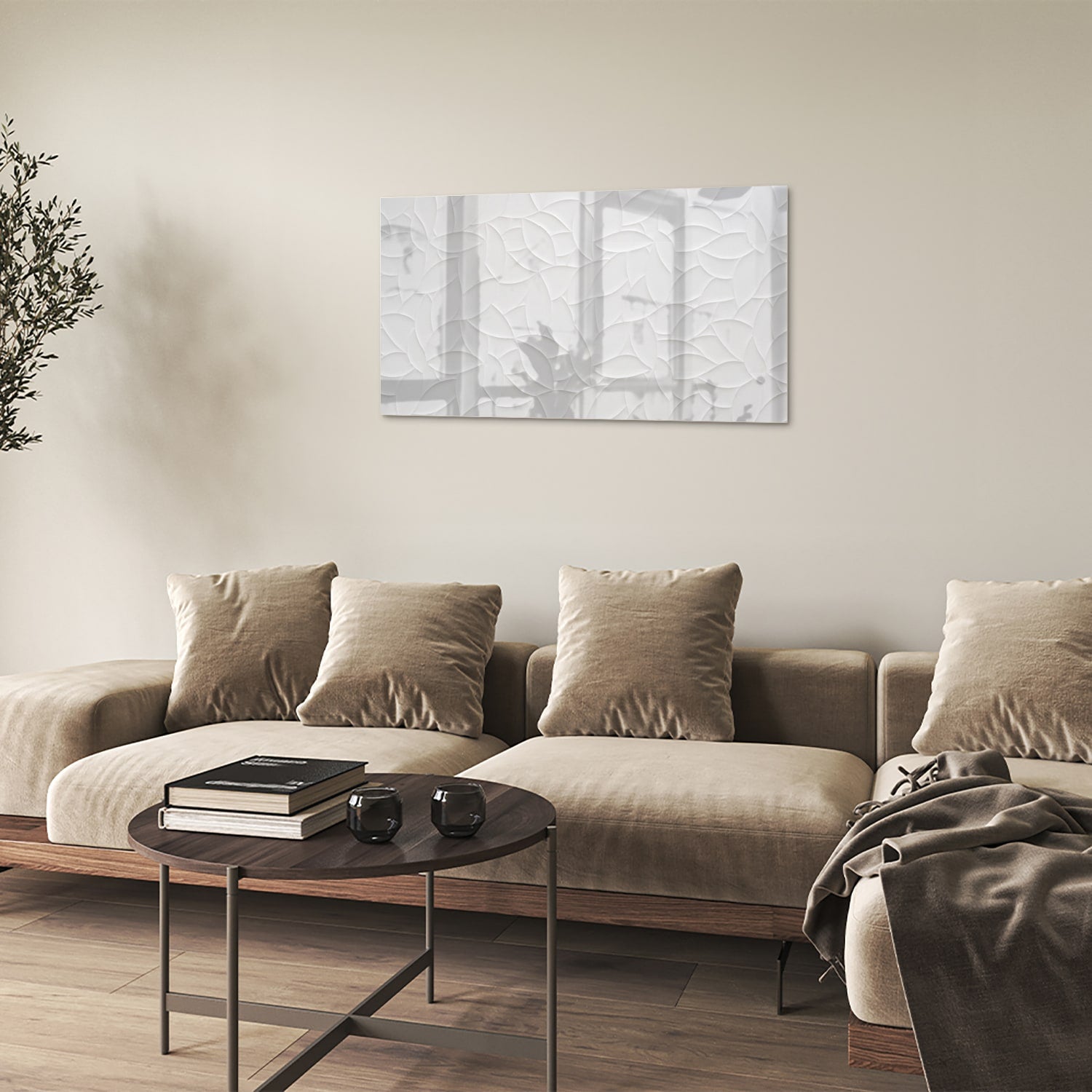 Glazen schilderij met textuur in wit, perfect voor moderne interieurs.