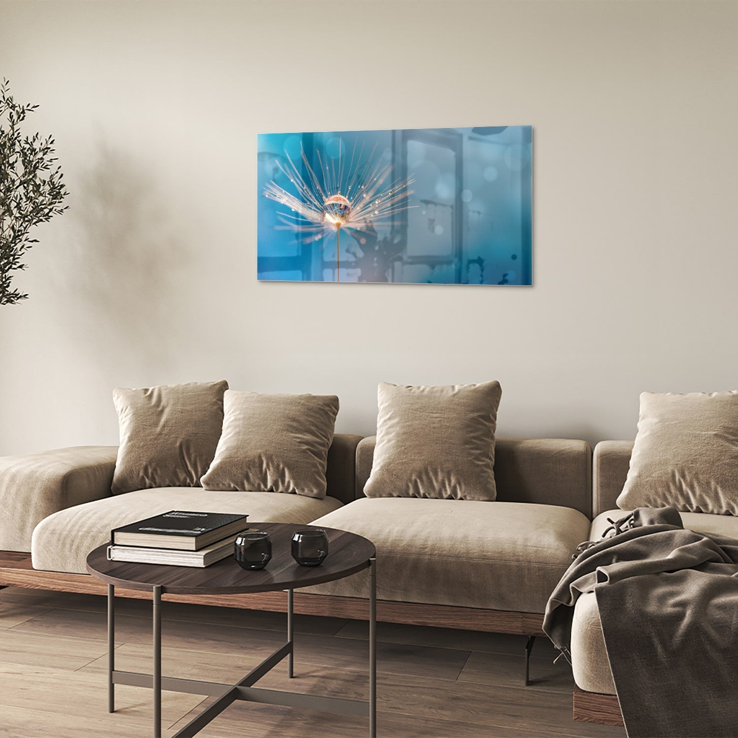 Glazen schilderij van een dandelion op een blauwe achtergrond