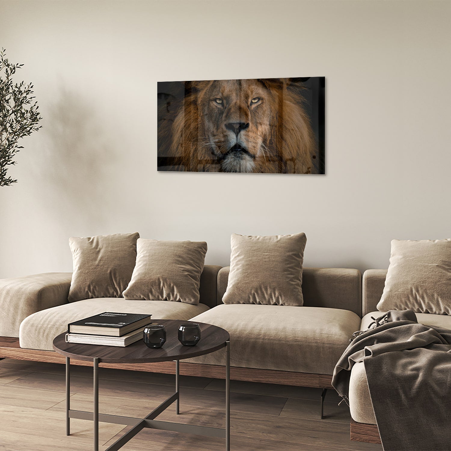 Glazen schilderij van een leeuw, een krachtige uitstraling voor de wand.