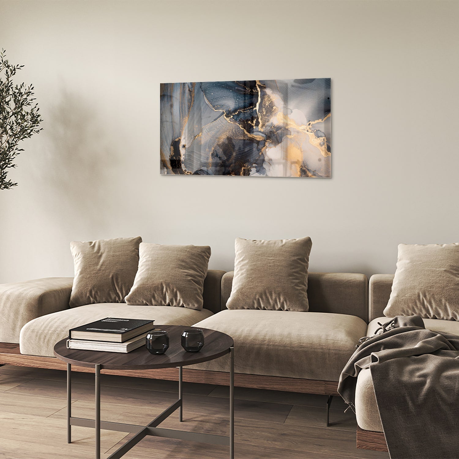 Elegant glazen schilderij met blauwe en gouden abstracte lagen