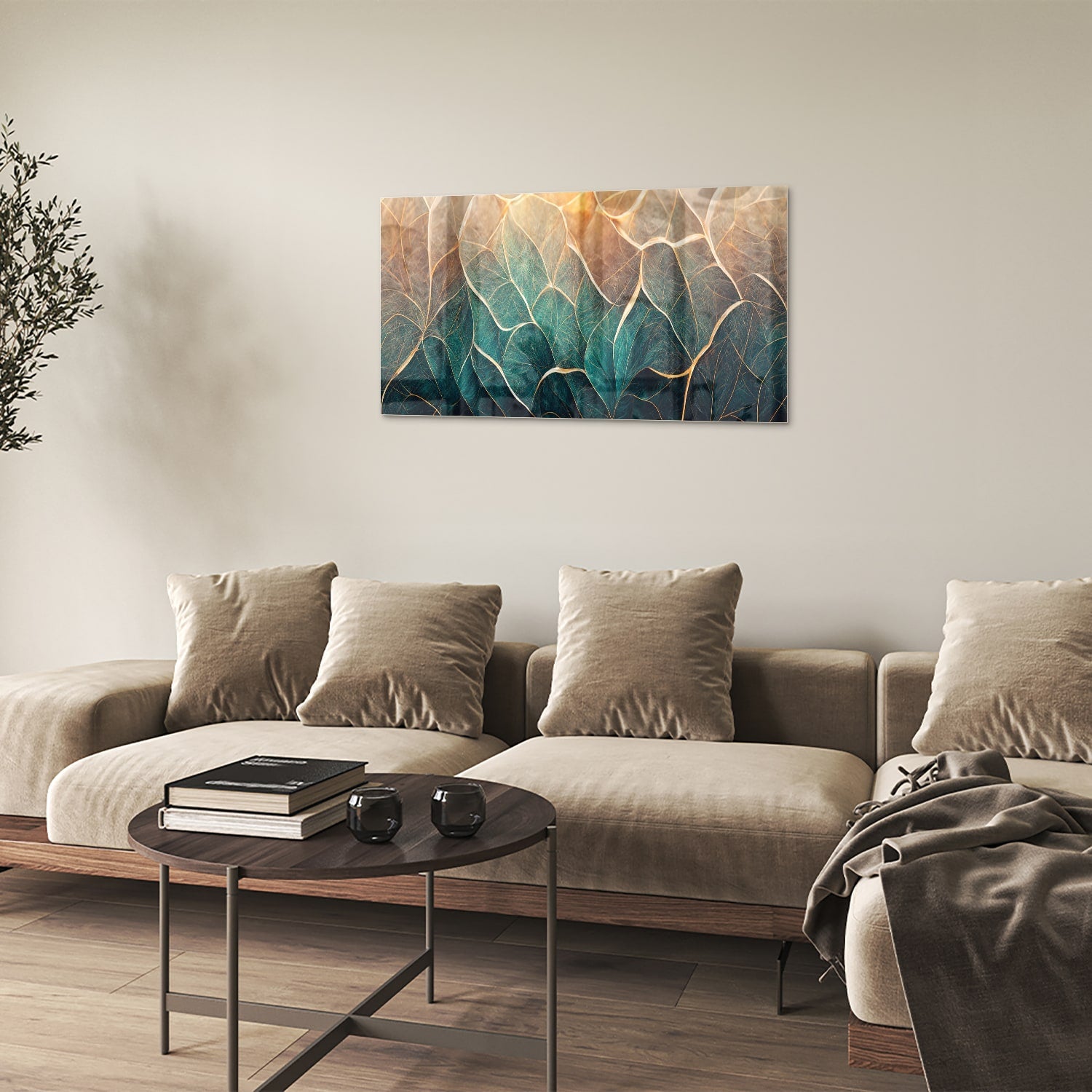 Prachtig glazen schilderij met bladeren in turquoise en gouden lijnen.