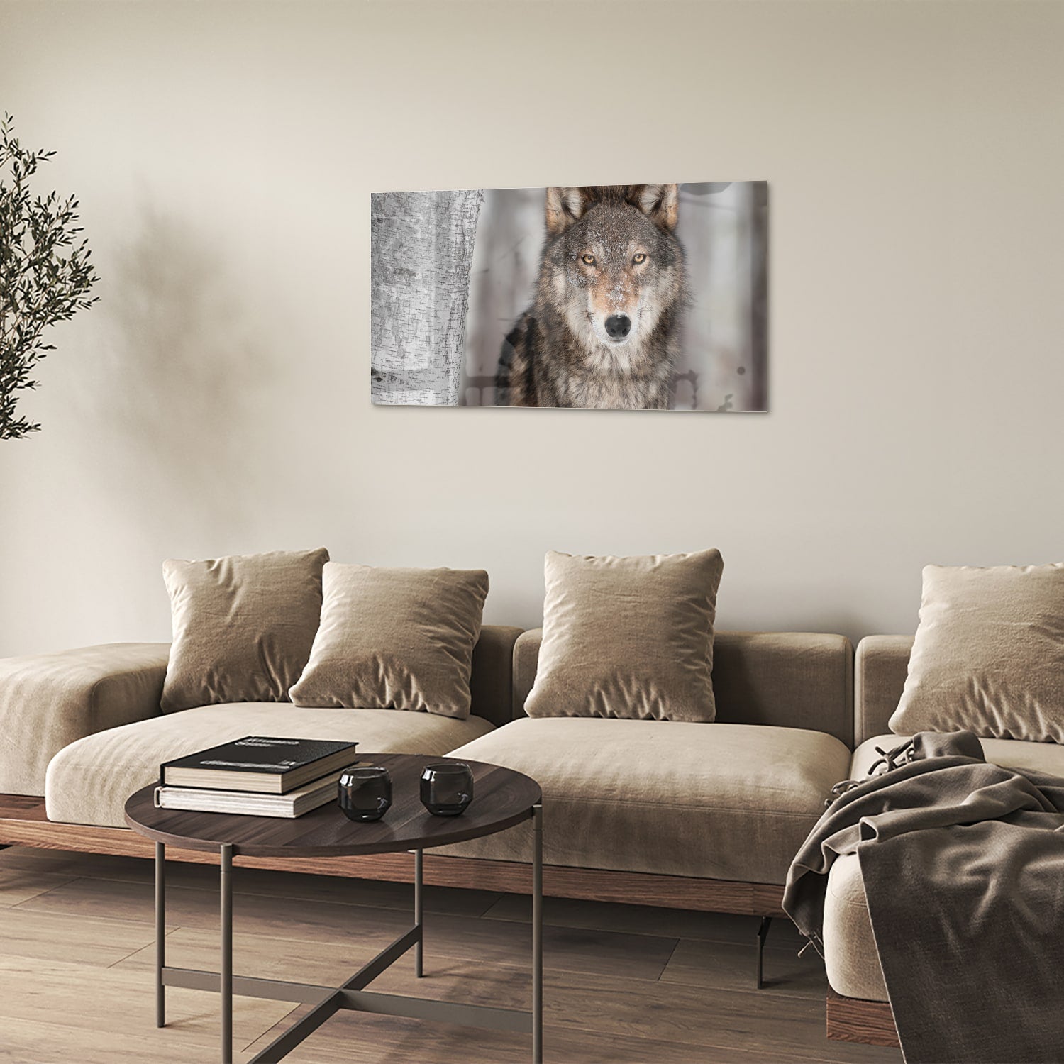 Glazen schilderij van een wolf met indrukwekkende blik in een interieur