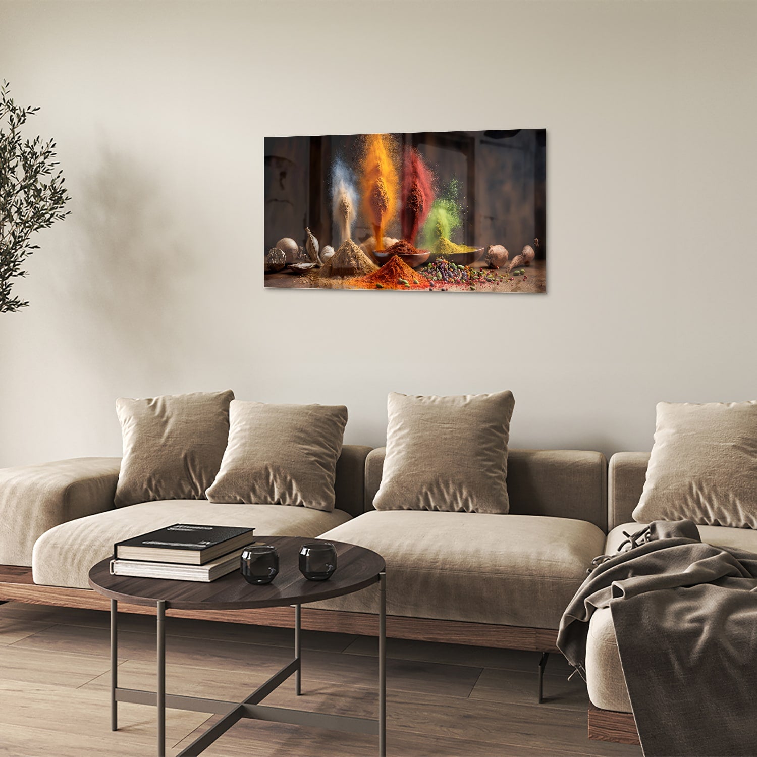 Glazen schilderij met een kleurrijke weergave van specerijen op een houten tafel.