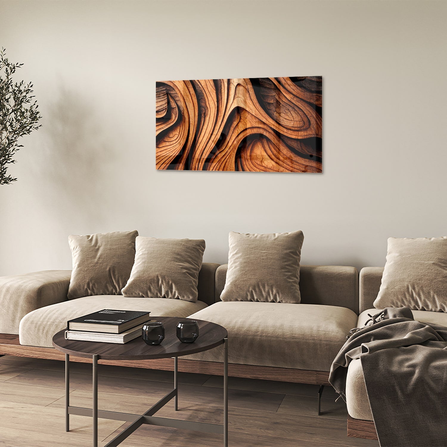 Glas schilderij met houtstrukturen in warme tinten, perfect voor wanddecoratie.