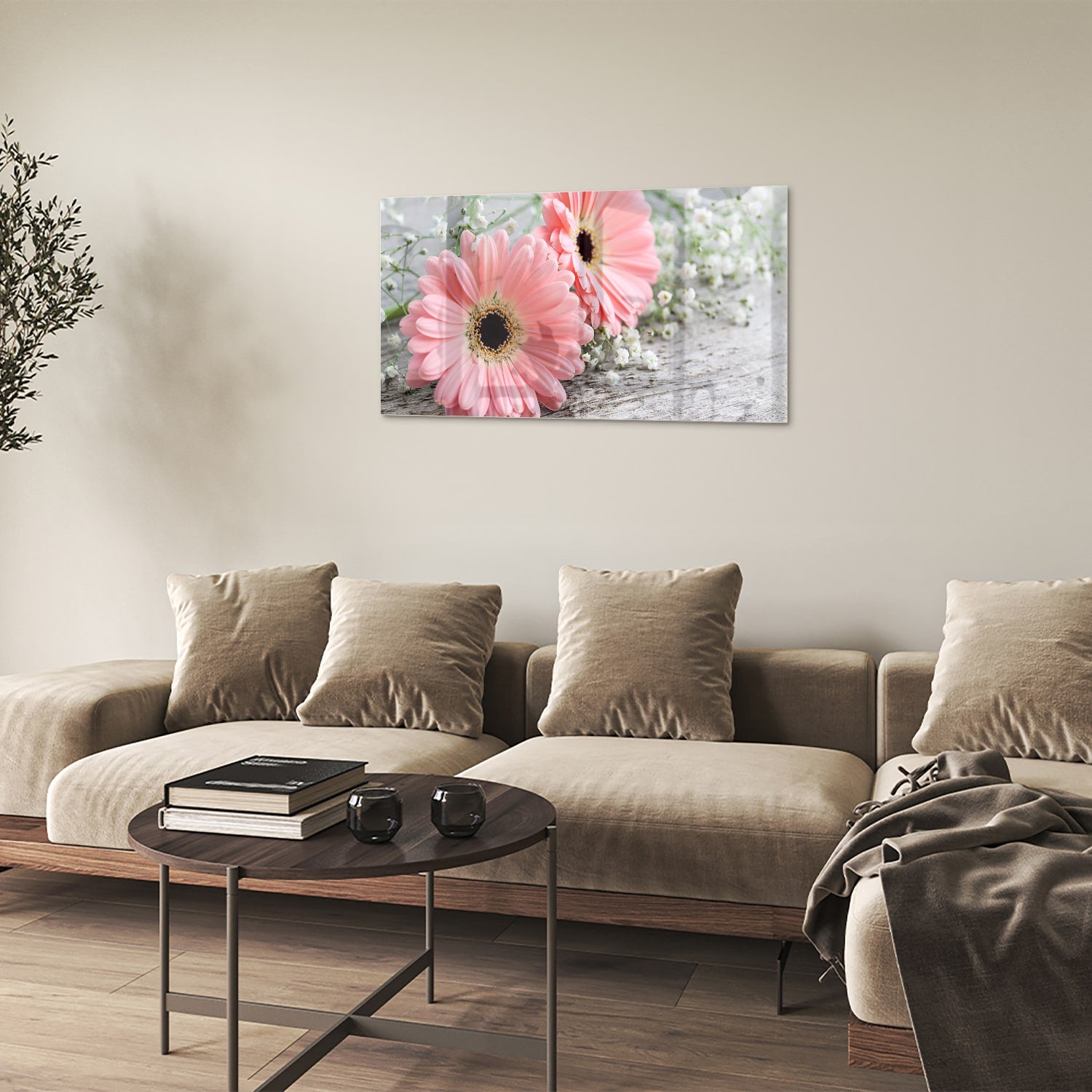 Roze gerbera's op een glazen schilderij, ideaal voor je woonkamer