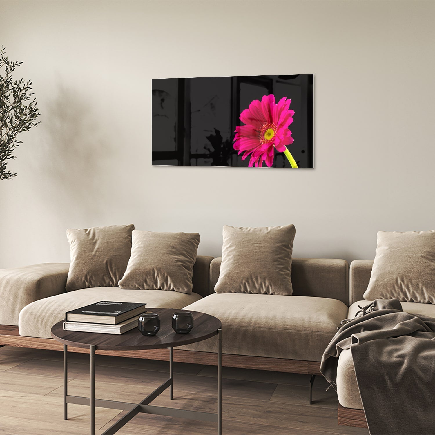 Glazen schilderij van een roze gerbera op zwarte achtergrond, perfect voor decoratie