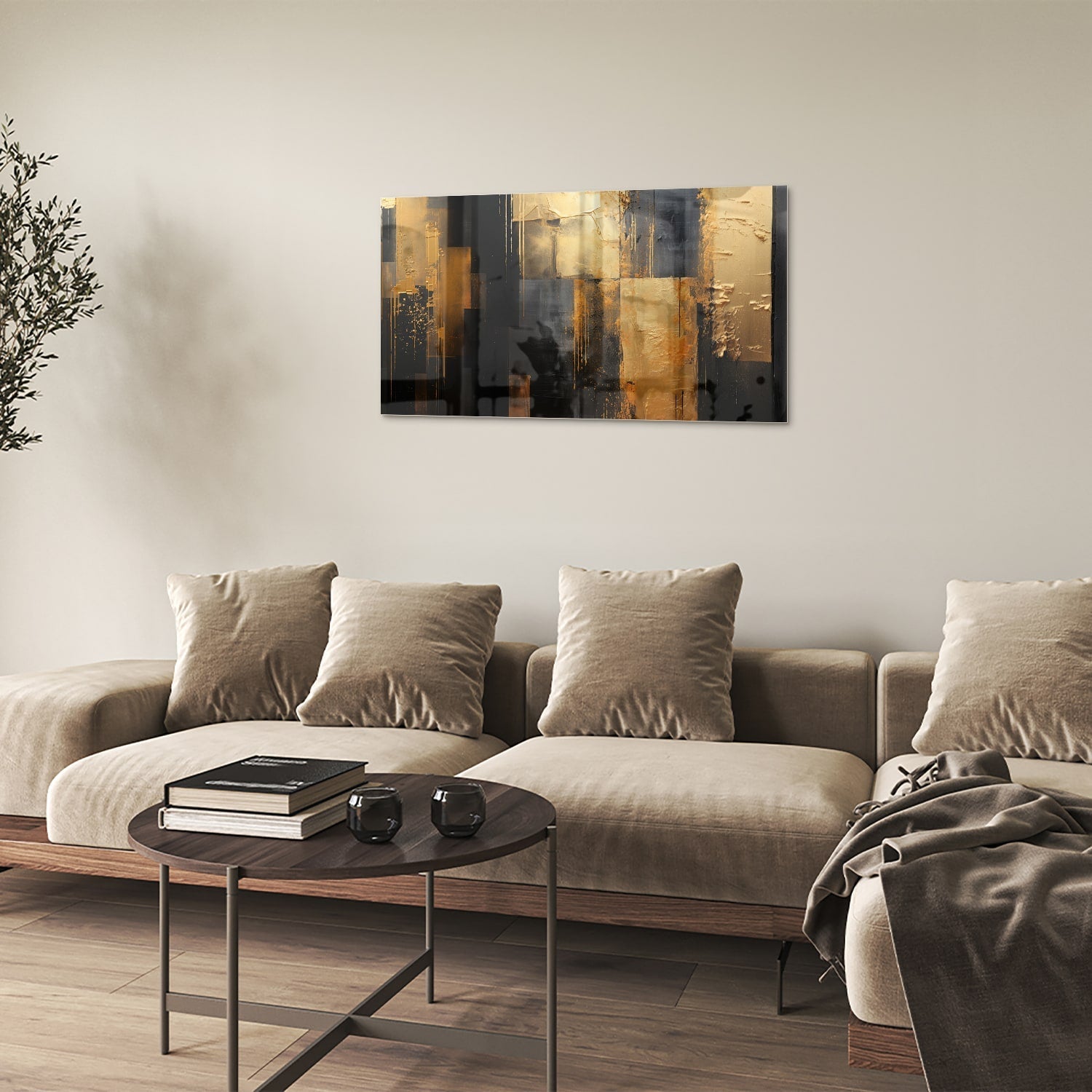 Abstract glazen schilderij in goud en zwart, perfect voor moderne interieurs.