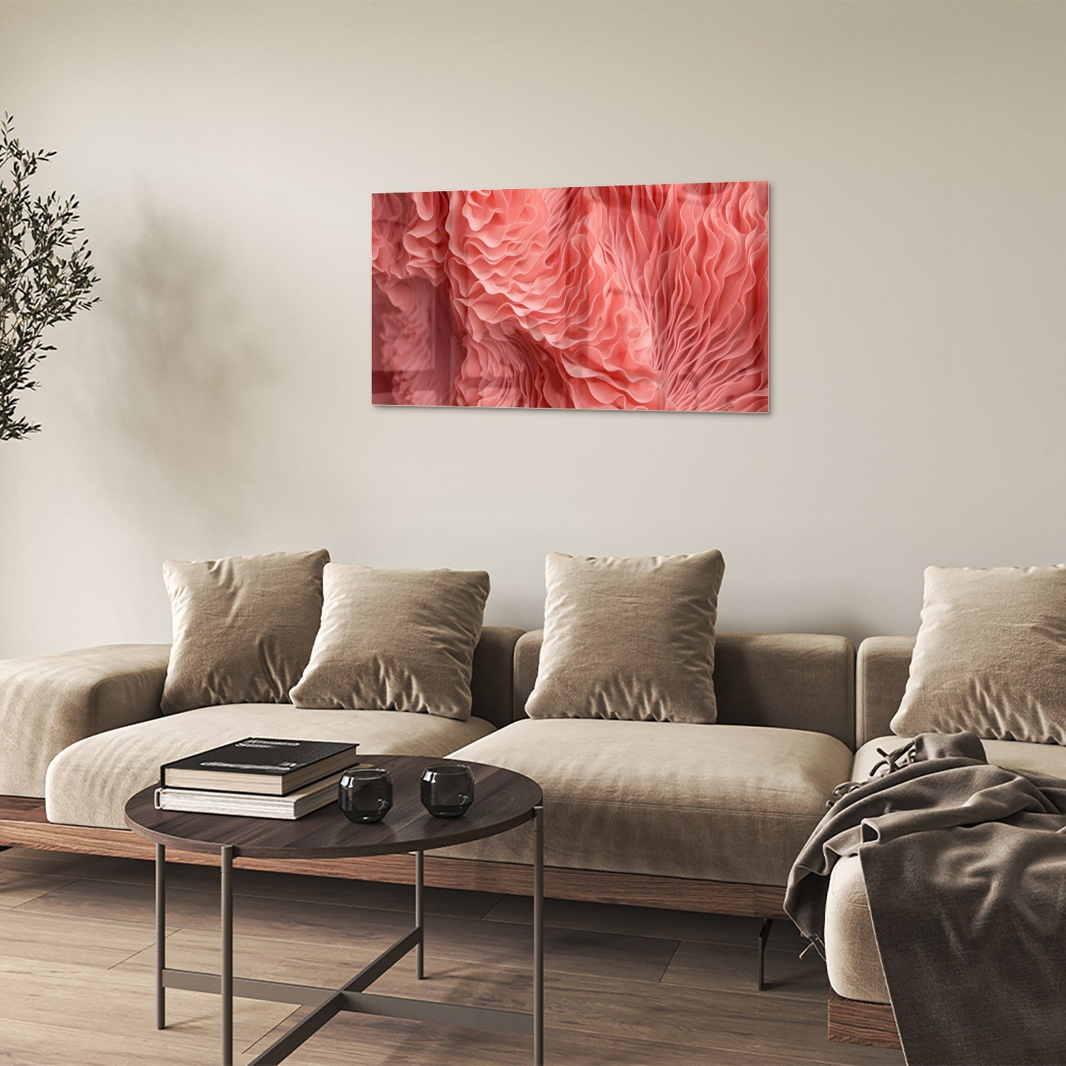 Abstract glazen schilderij in roze met golvende patronen, perfect voor wanddecoratie.