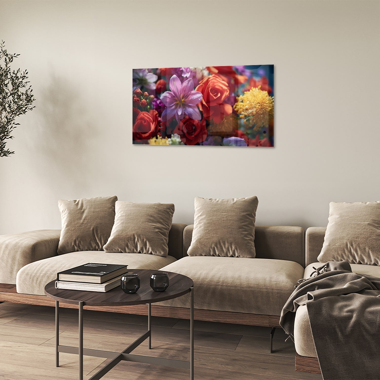 Kleurrijk glazen schilderij met een prachtige bloemencompositie.