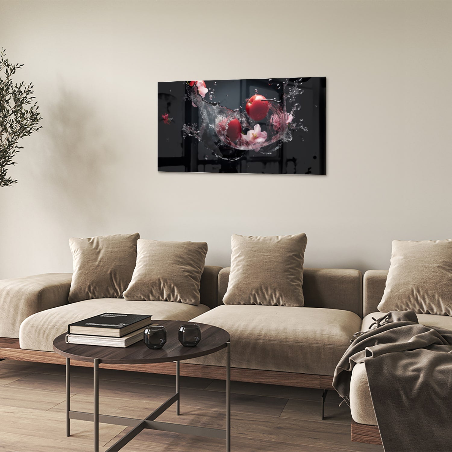 Glazen schilderij met roze bloemen en waterdruppels op een zwarte achtergrond.