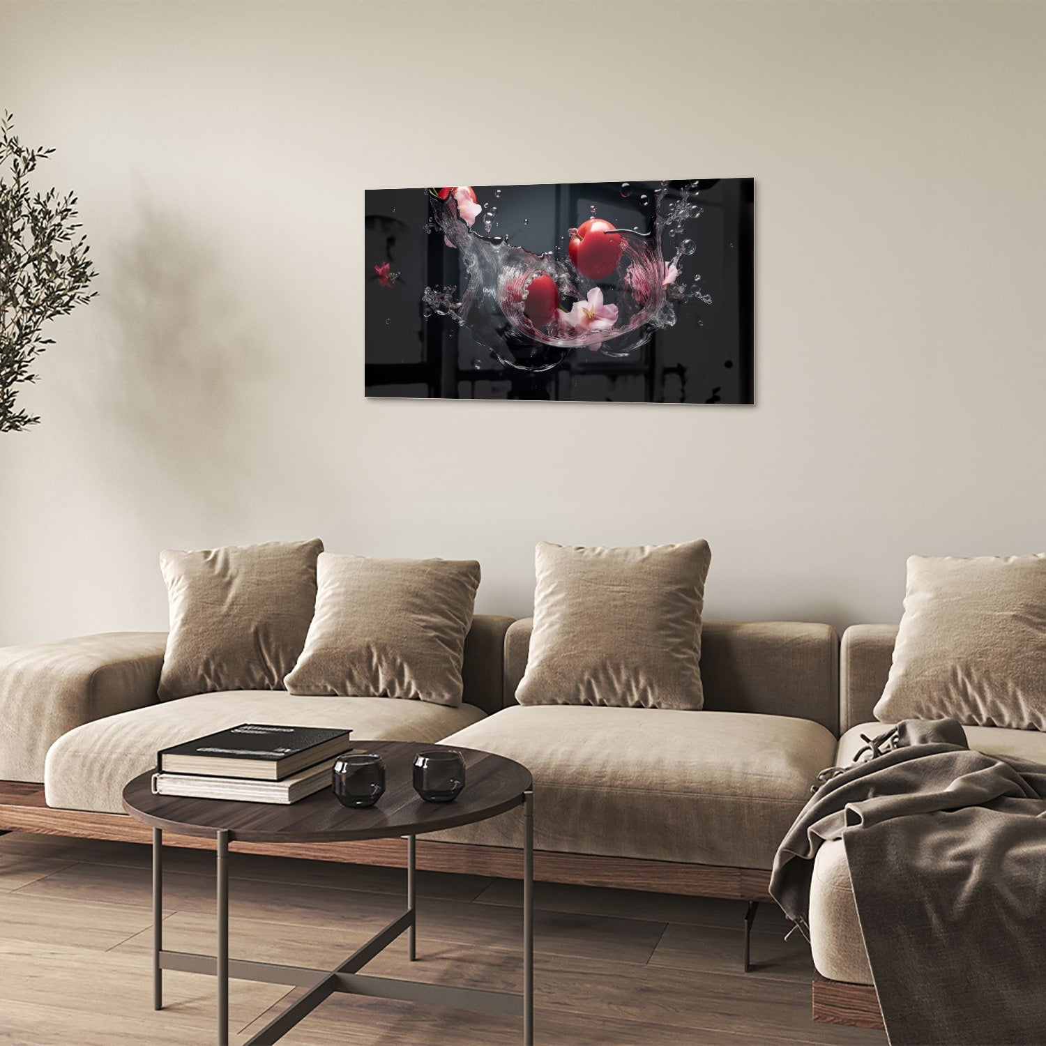 Glazen schilderij met roze bloemen en waterdruppels op een zwarte achtergrond.