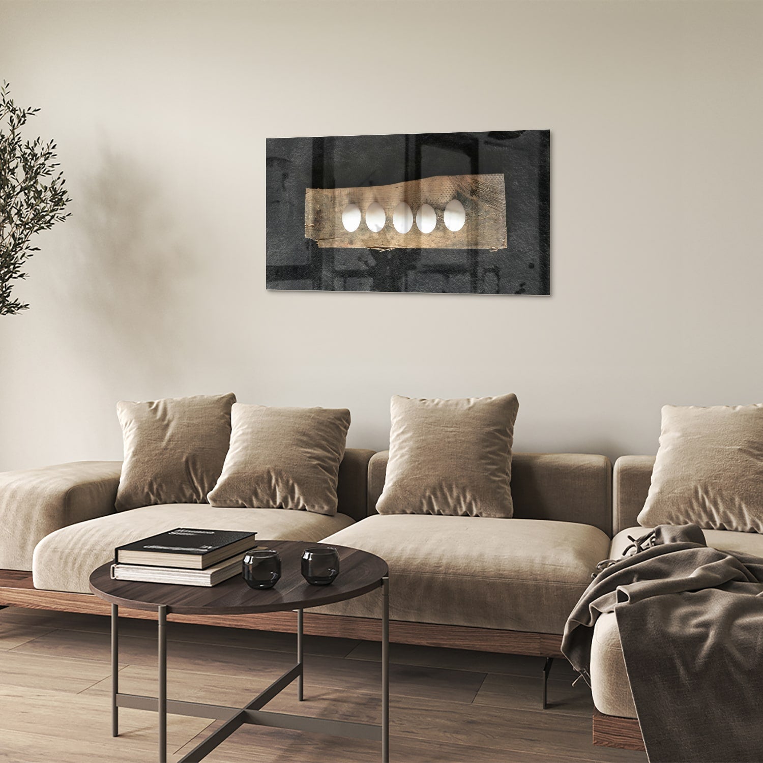 Elegant glazen schilderij met vier lichtpunten, perfect voor moderne interieurs.