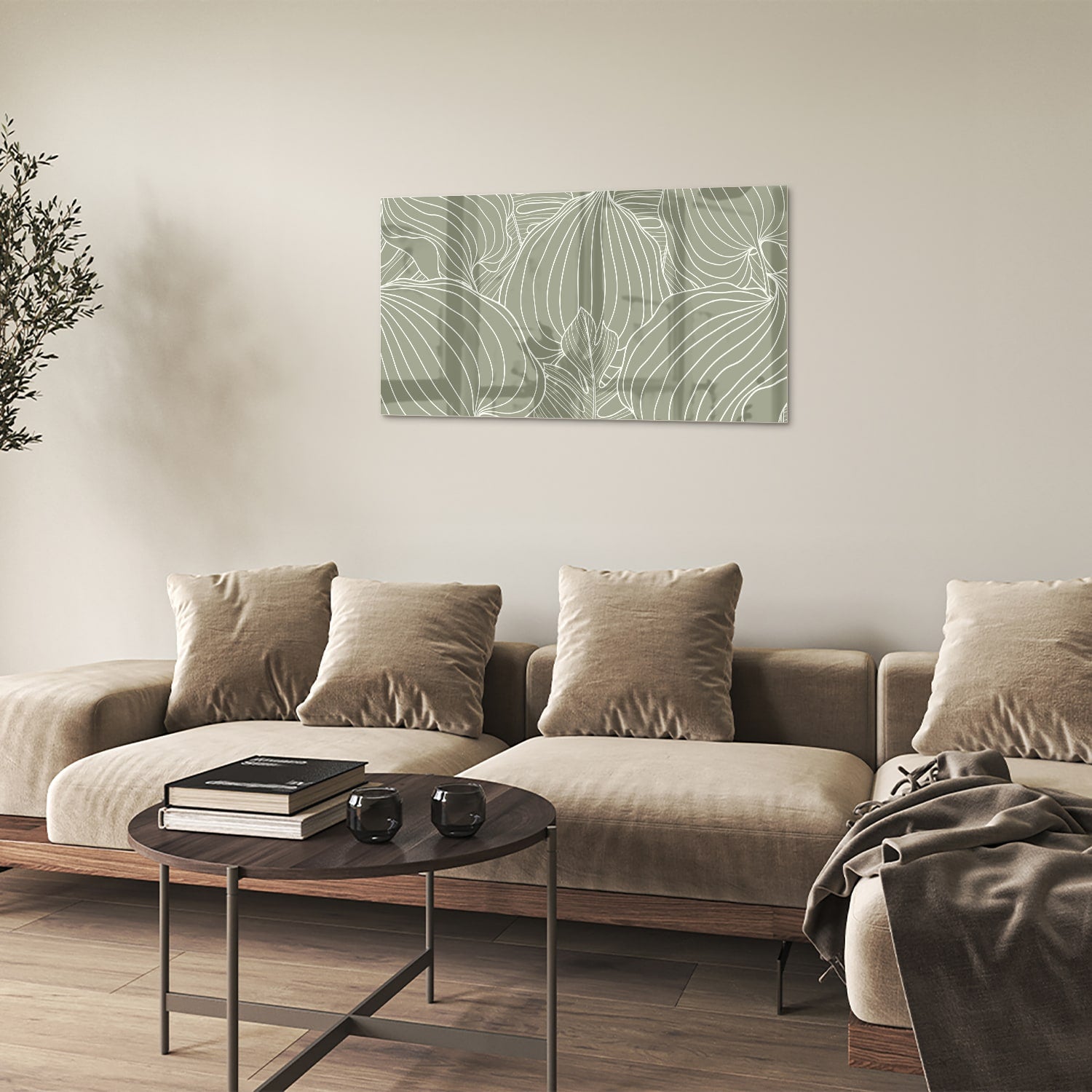 Glazen schilderij met lijnen in aardetinten aan de muur, stijlvolle woonkamer