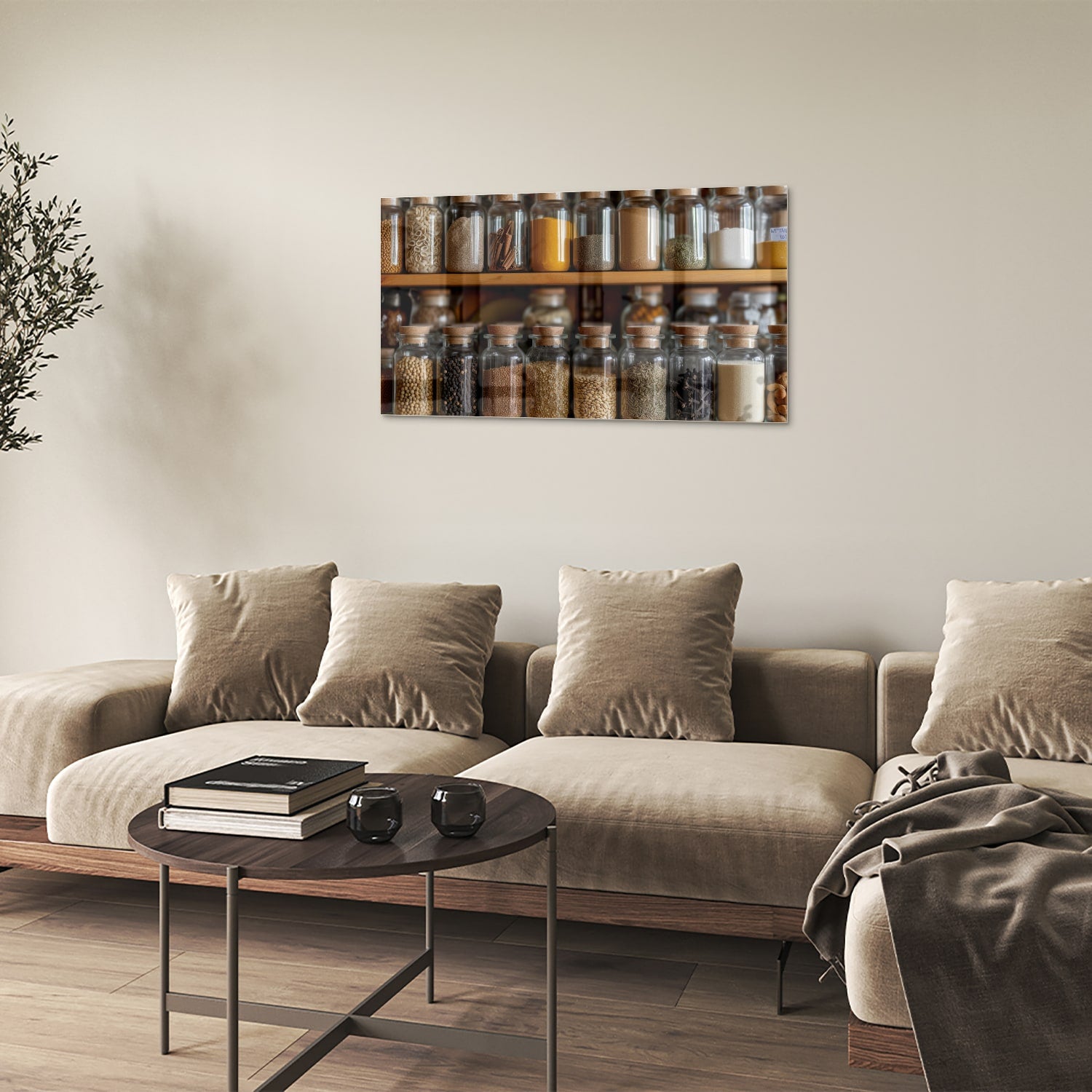 Glazen schilderij met een houten plank vol Mason jars gevuld met specerijen.