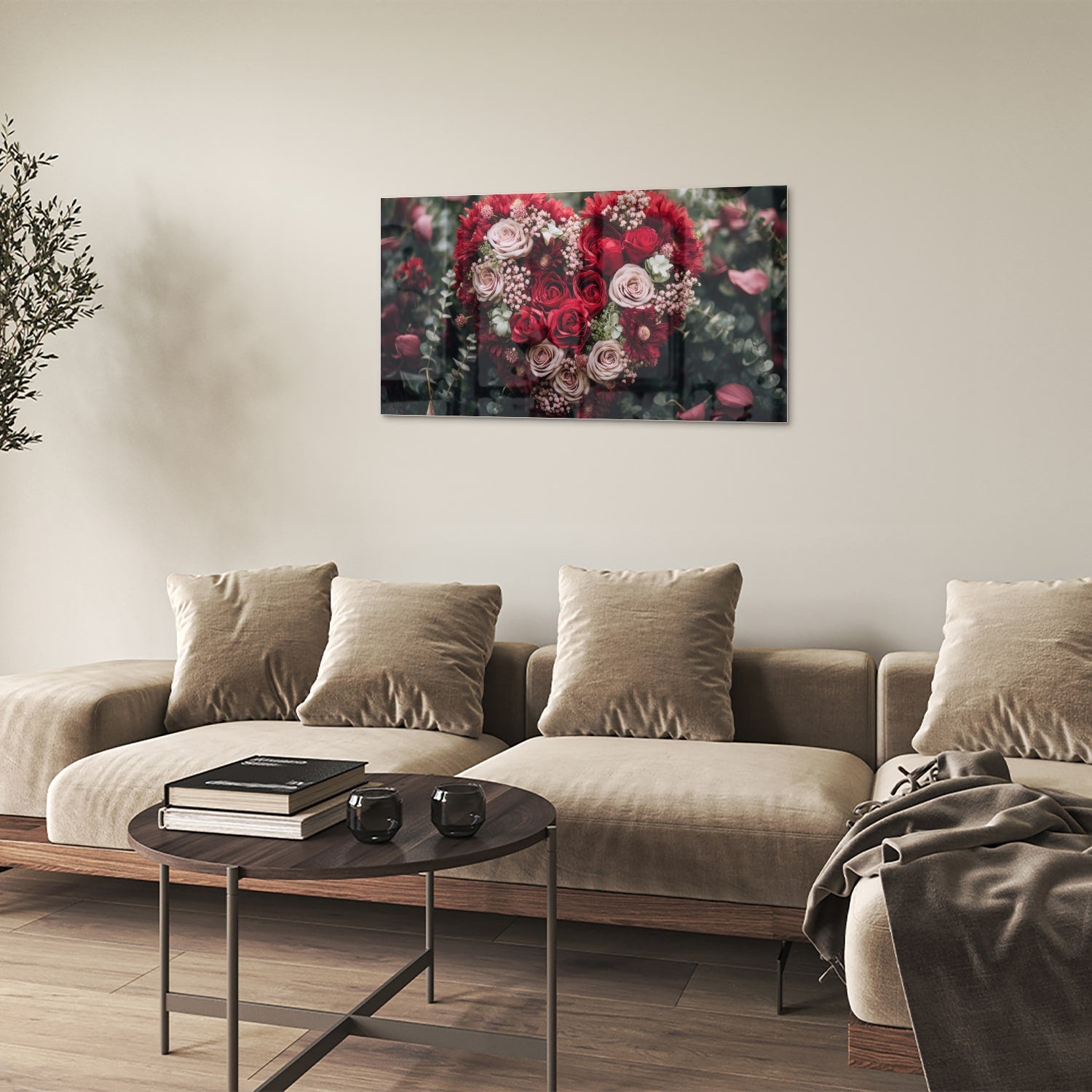Glazen schilderij met hartvormige bloemmotieven in rood en roze