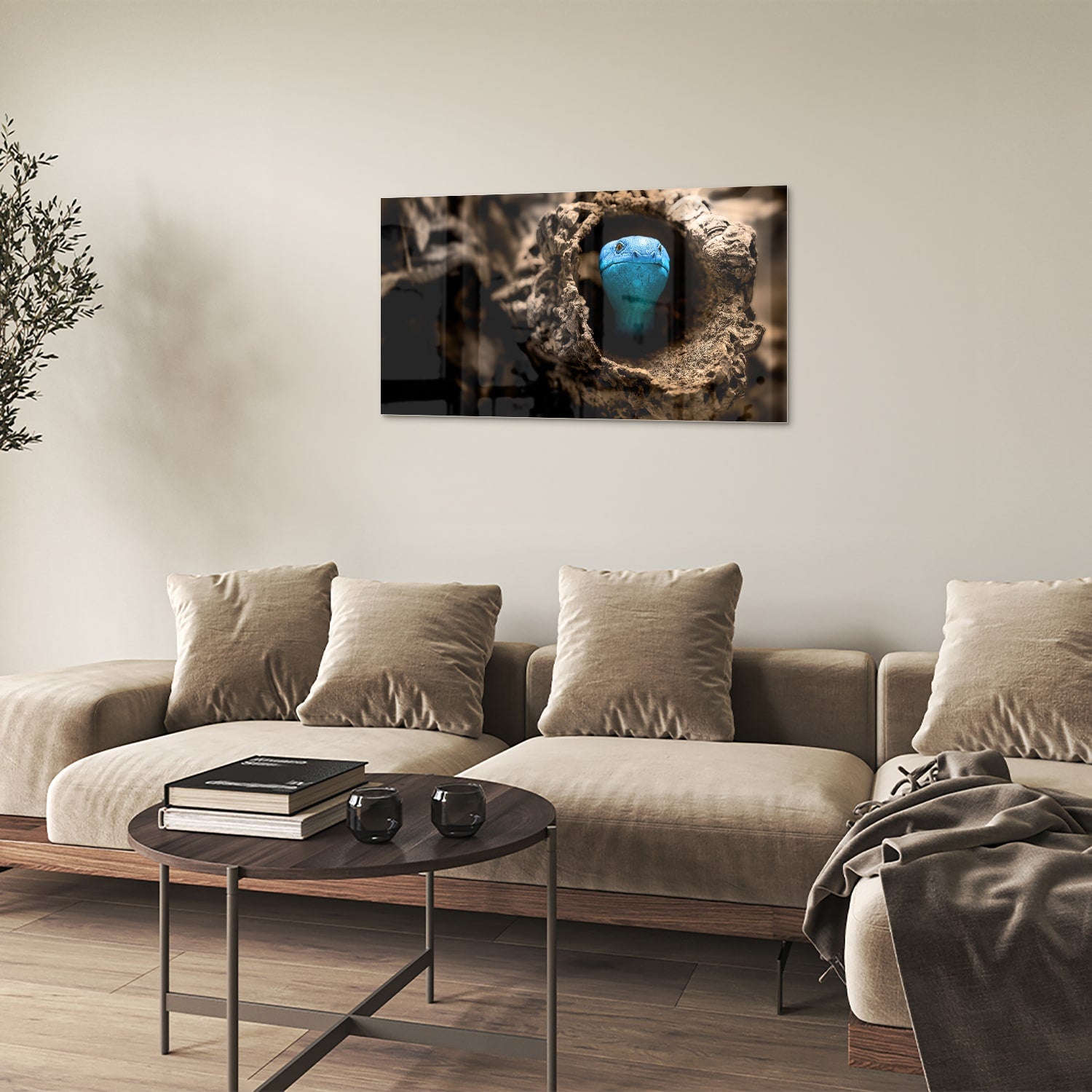 Glas schilderij met een blauwe parel in een nest, stijlvol en modern.