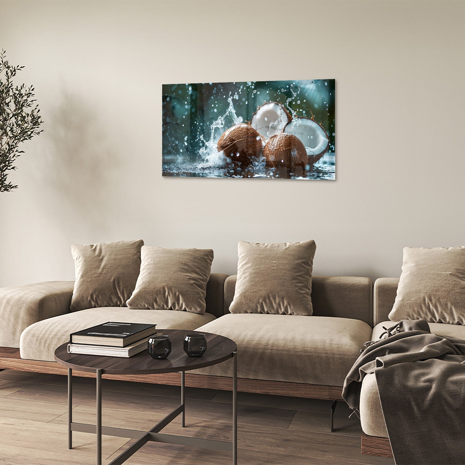 Glas schilderij van kokosnoten met spetters water, perfect voor wanddecoratie.