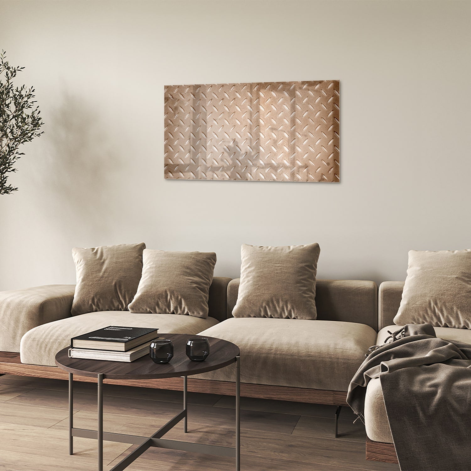 Glazen schilderij met een geometrisch patroon aan de muur in een stijlvolle kamer.