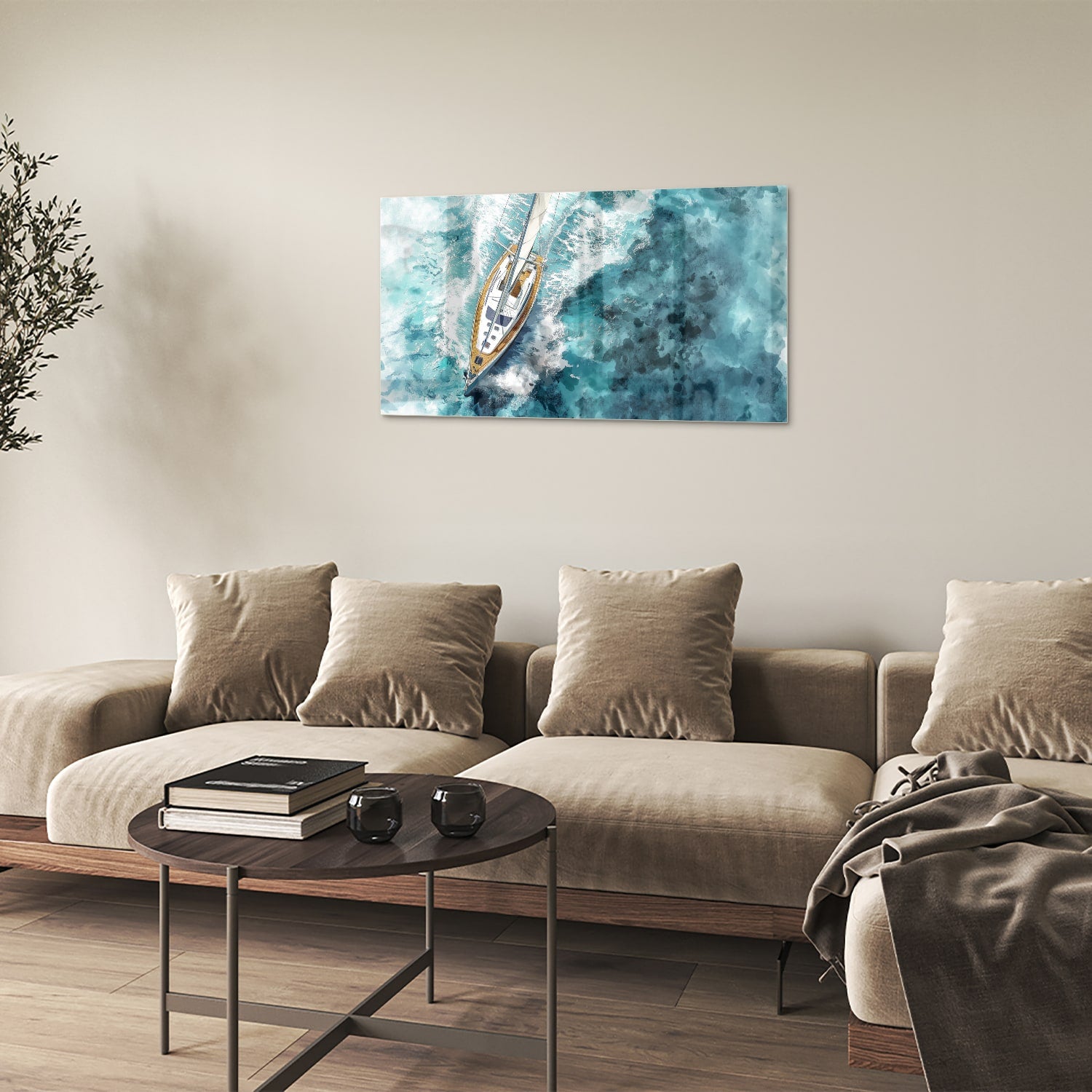 Glazen schilderij van een jacht die over een turquoise zee vaart.