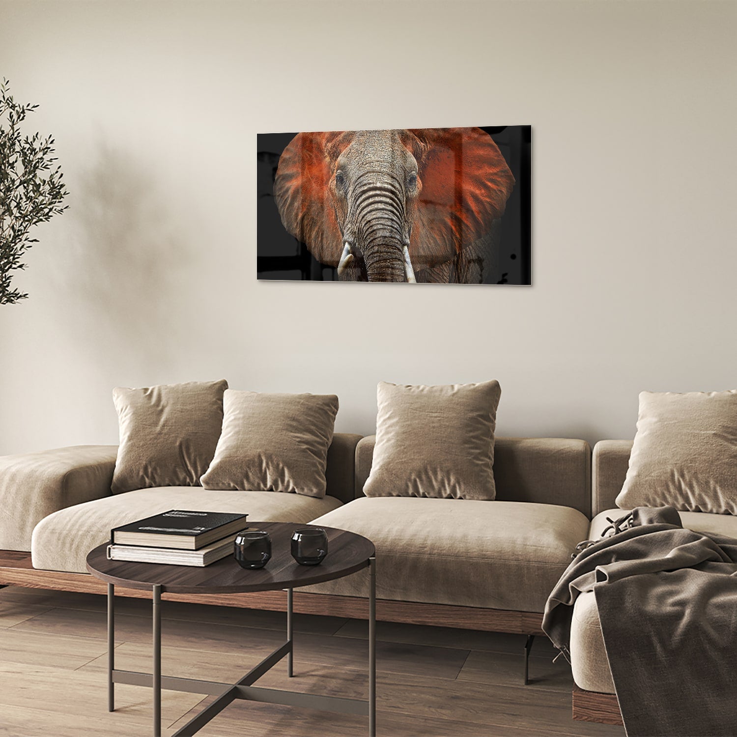 Glazen schilderij van een olifant met kleurrijke oren, prachtig voor aan de muur.