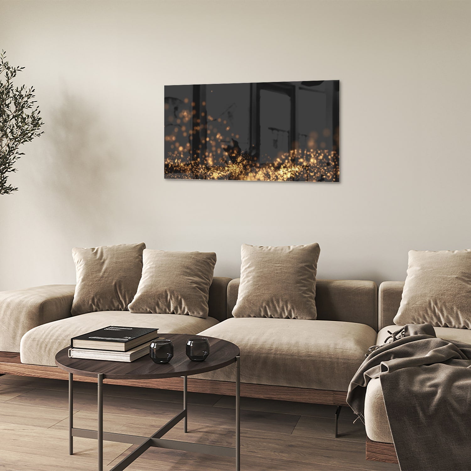 Glazen schilderij met gouden lichtpuntjes op een zwart vlak, ideaal voor moderne interieurs.