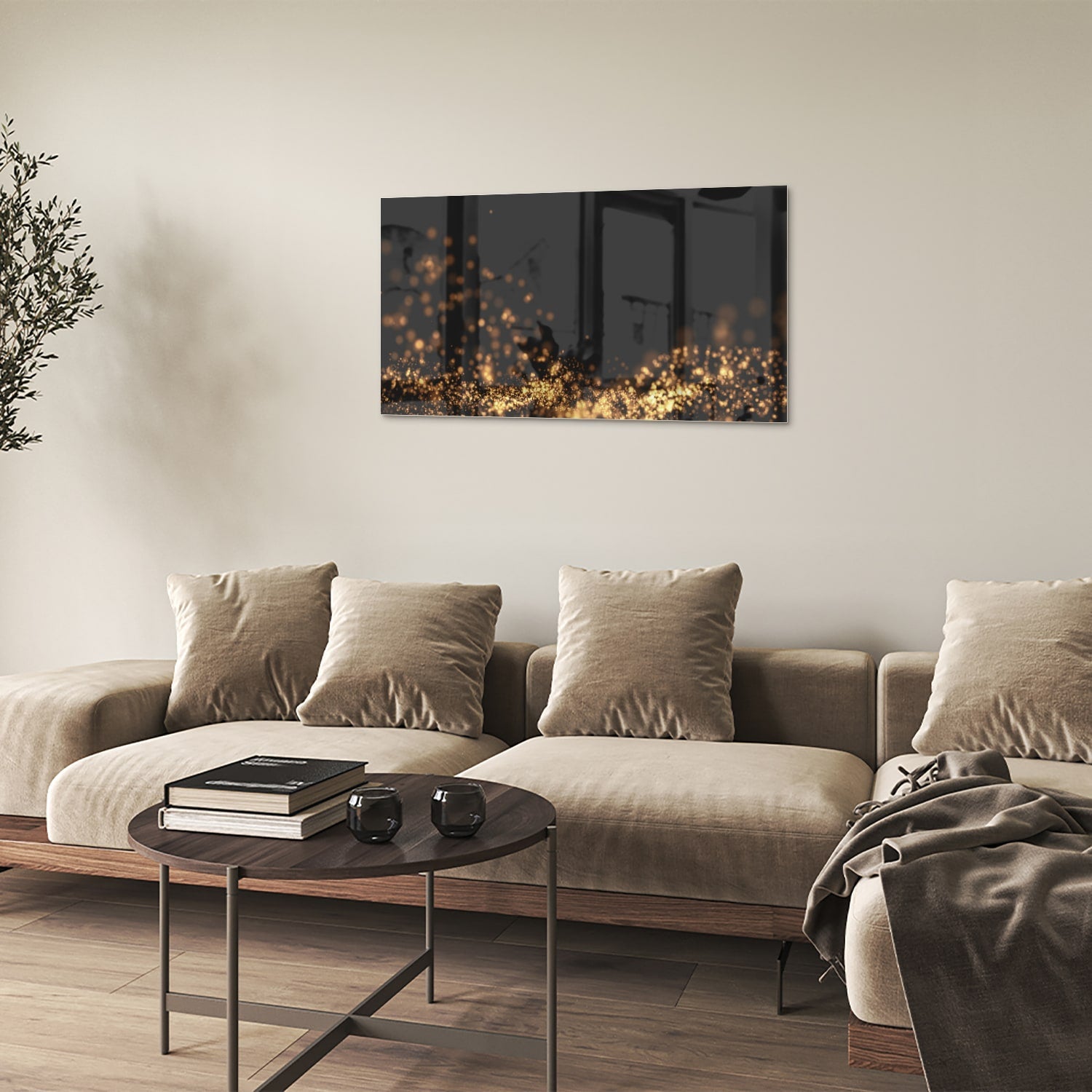 Glazen schilderij met gouden lichtpuntjes op een zwart vlak, ideaal voor moderne interieurs.