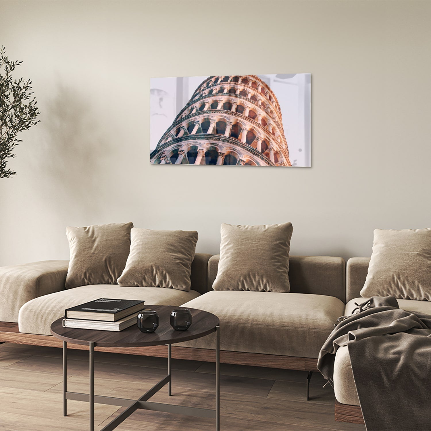 Glazen schilderij van de Scheve Toren van Pisa in warm tinten