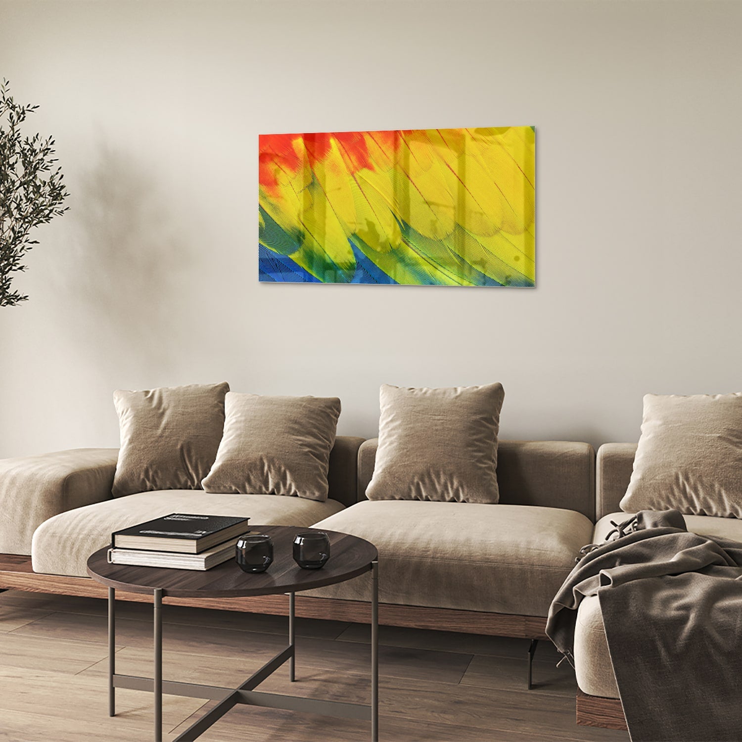 Abstract glazen schilderij met kleurrijke golven in rood, geel en blauw