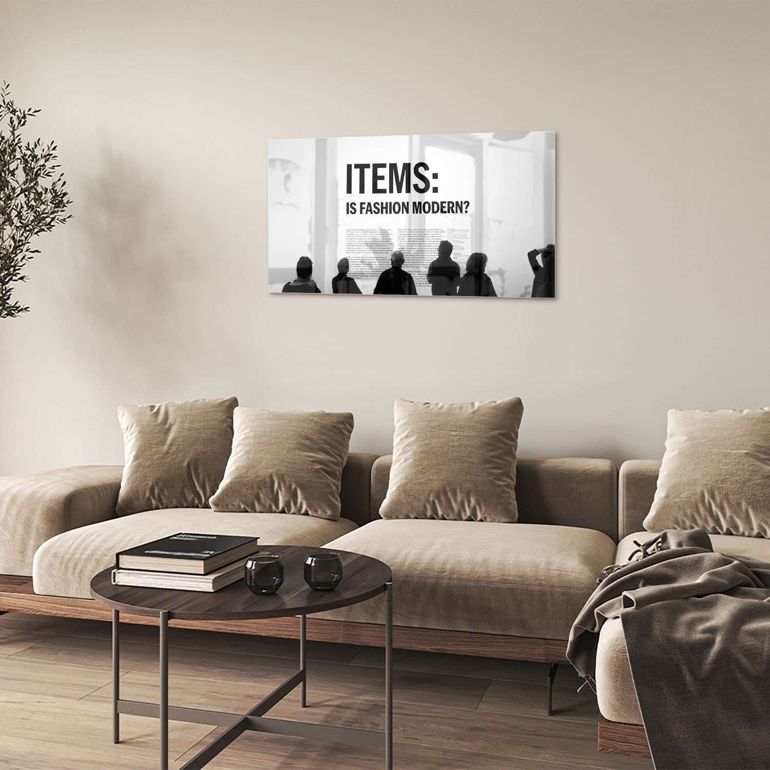 Glazen schilderij met de tekst 'ITEMS: IS FASHION MODERN?', stijlvol gepresenteerd boven een houten meubel.