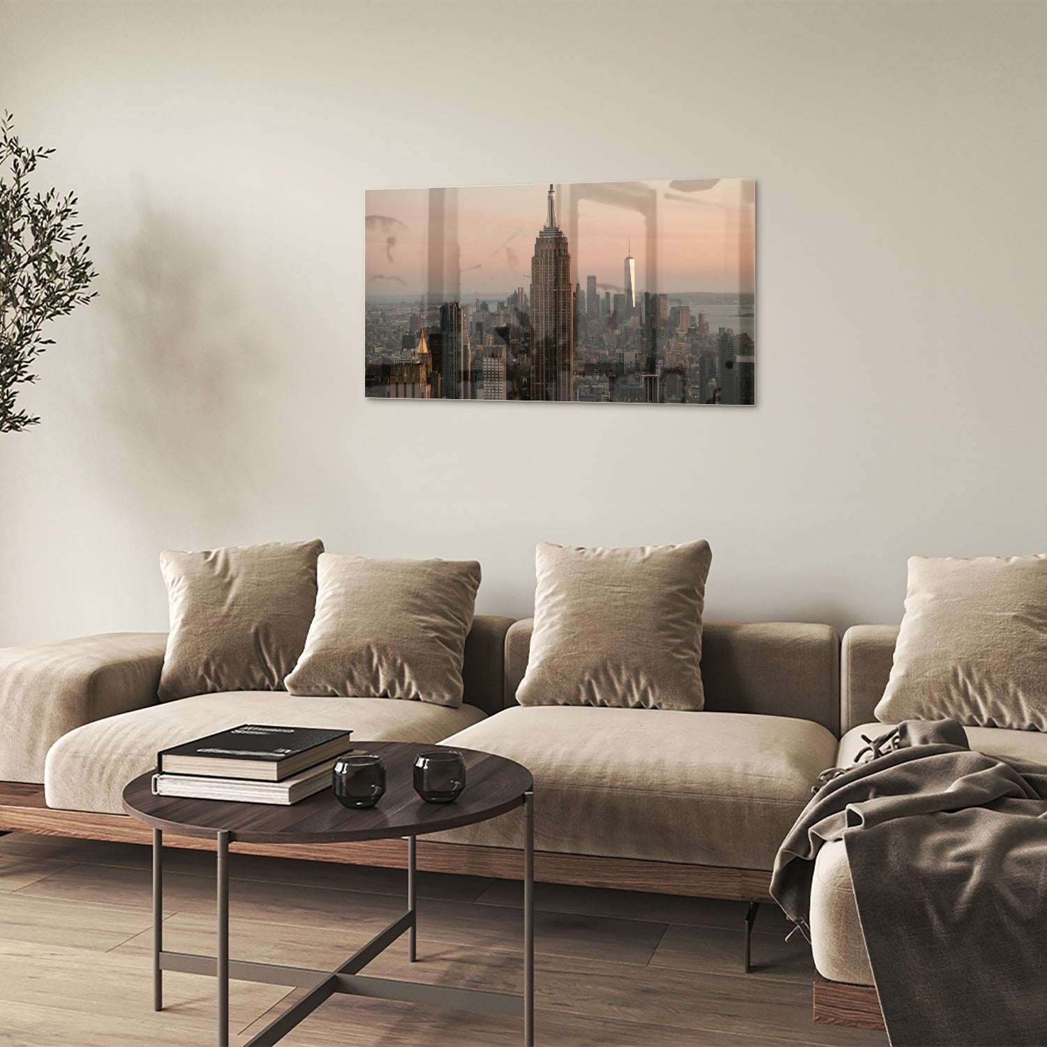 Glazen schilderij van de Empire State Building met een mooie zonsondergang
