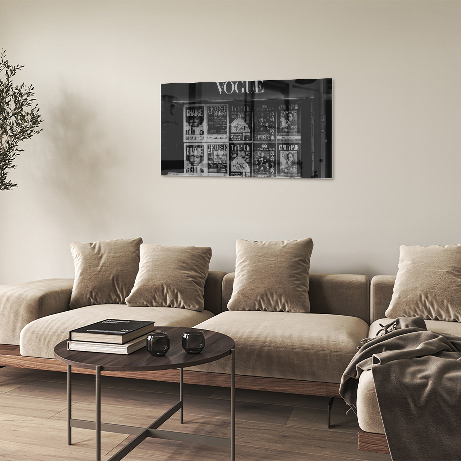 Glazen schilderij van Vogue met modecovers in modern interieur