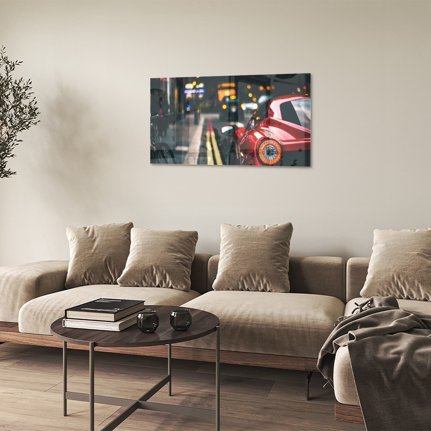 Glazen schilderij van een rode auto in een stedelijke omgeving