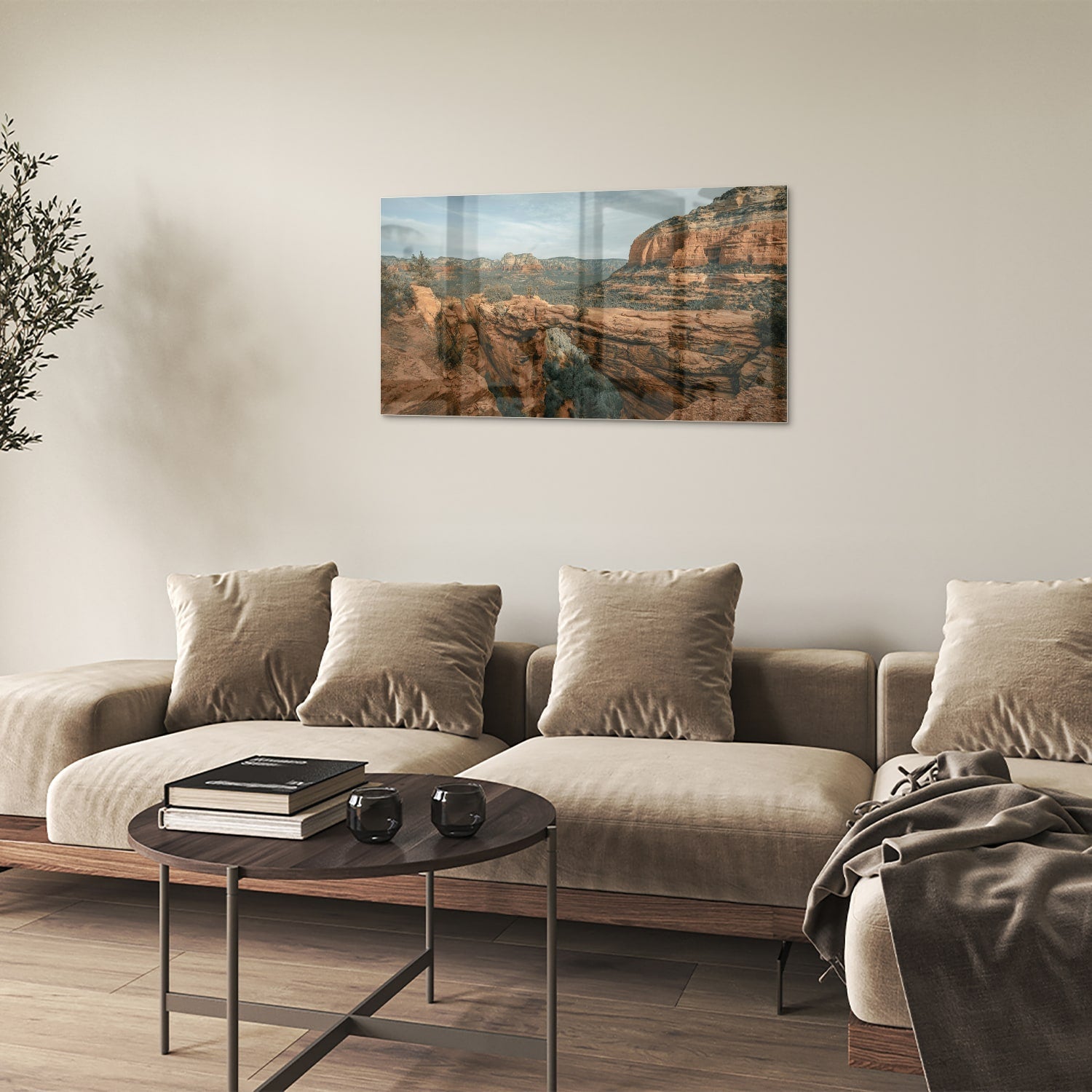 Glazen schilderij van berglandschap in warme aardetinten