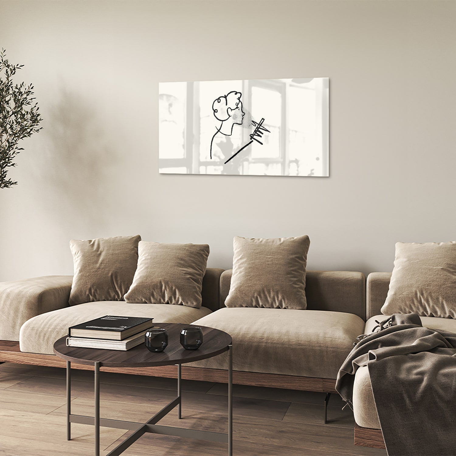 Minimalistisch glazen schilderij met abstracte lijntekening van een figuur.