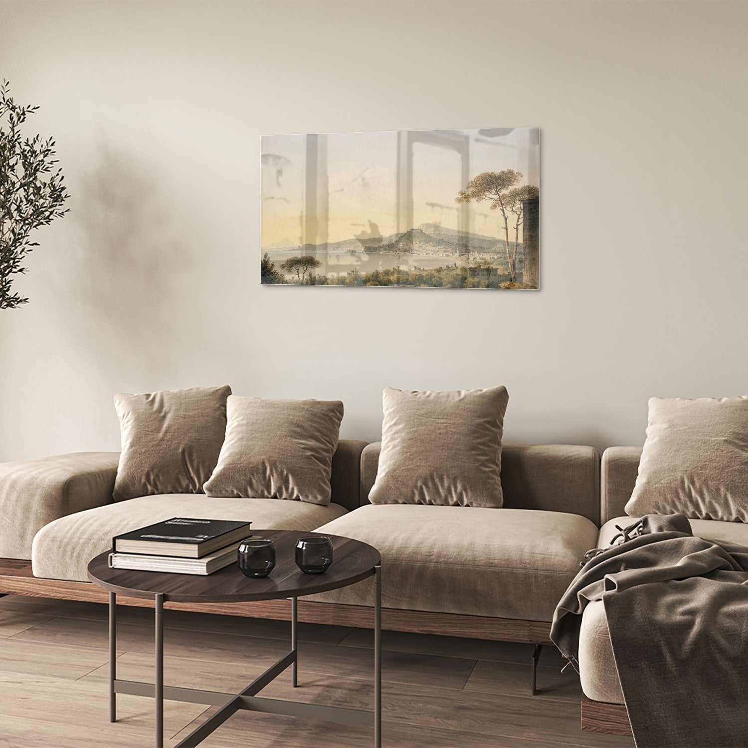 Glazenschilderij van een rustiek landschap met bergen en zonsopgang.