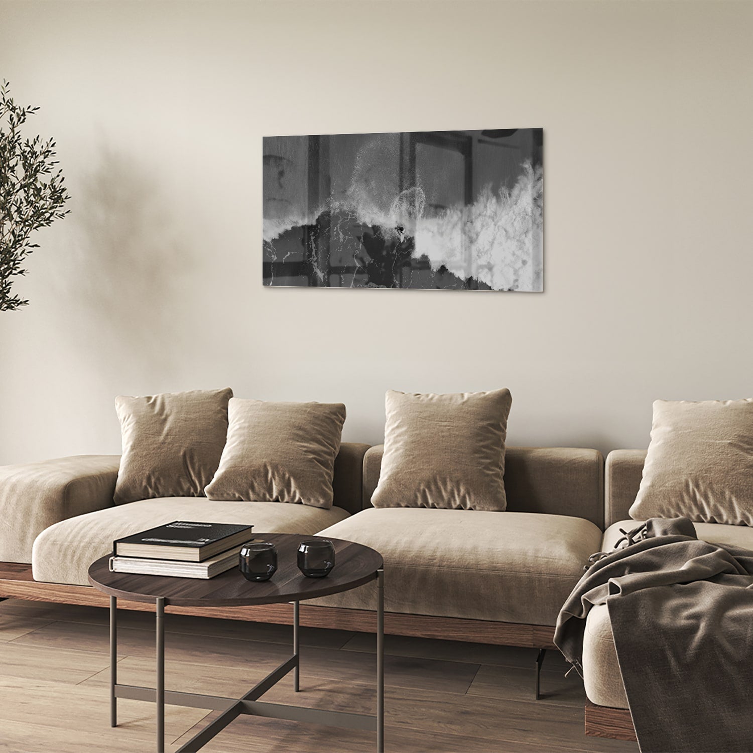 Abstract glazen schilderij in zwart-wit, perfect voor moderne interieurs.