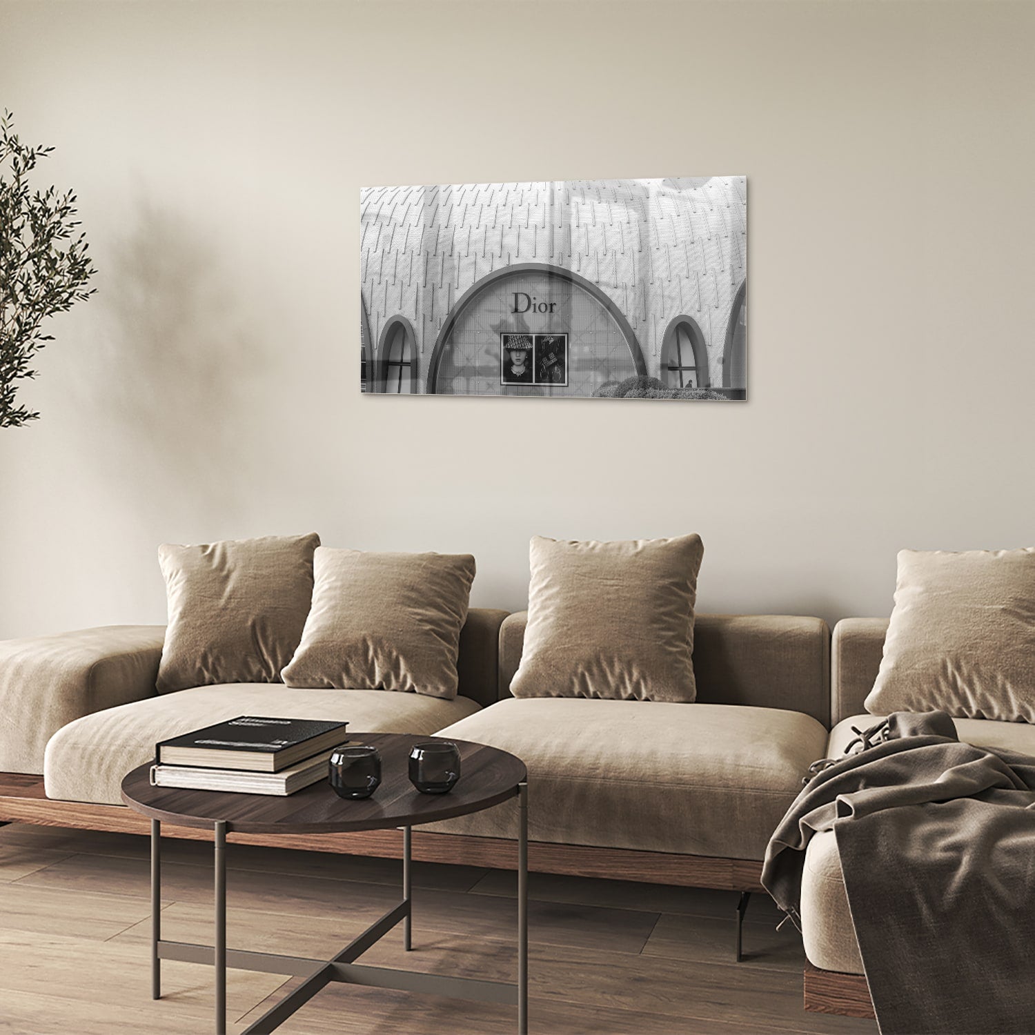 Glazen schilderij van de Dior etalage in zwart-wit, perfect voor interieurdecoratie