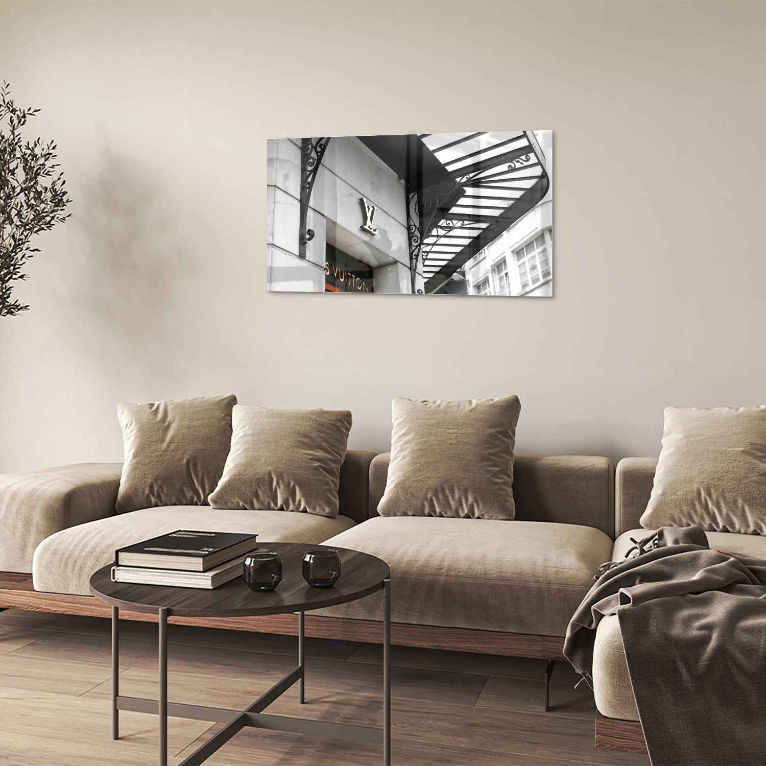Glazen schilderij van luxe boetiek in zwart-wit, perfecte wanddecoratie.