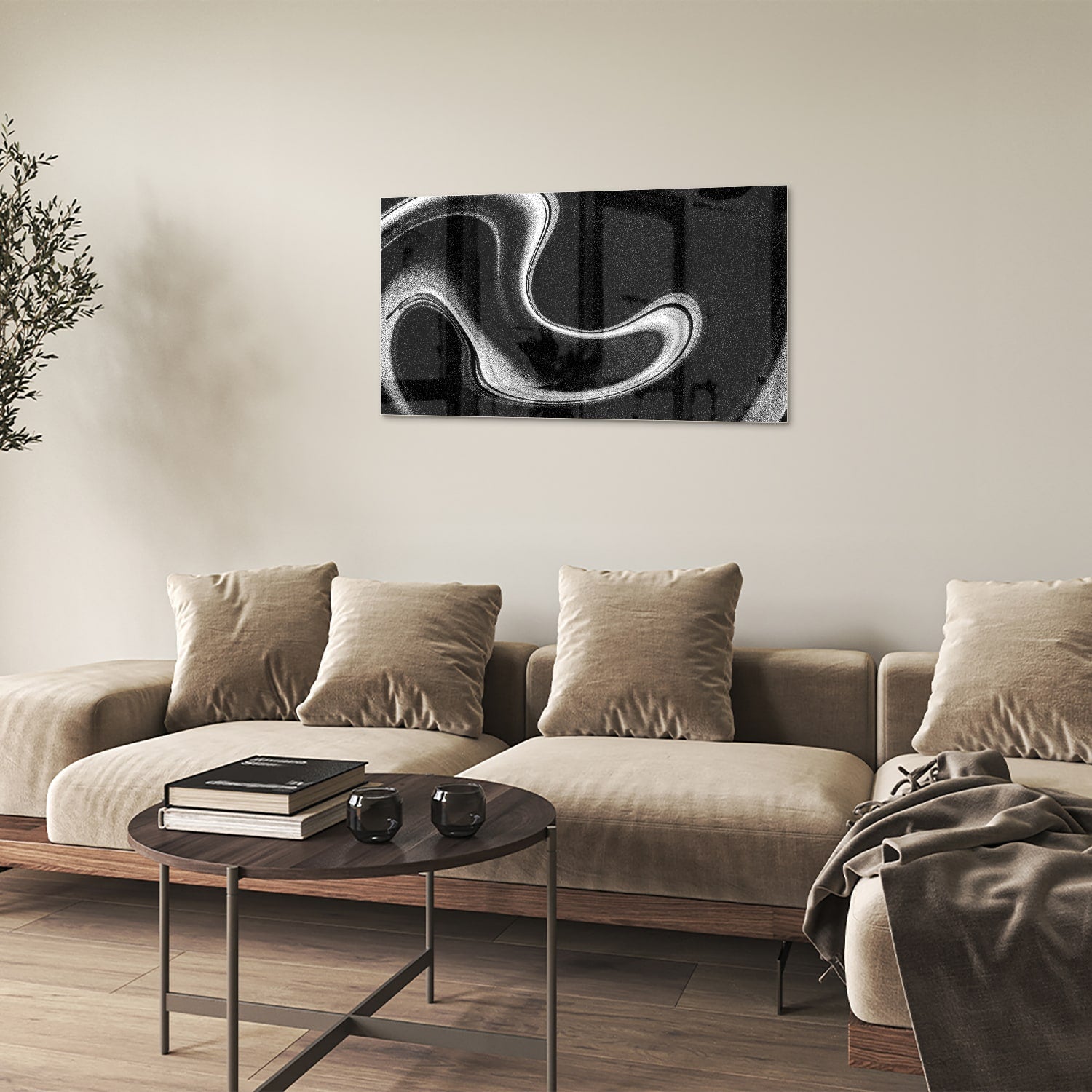 Zwart-wit glazen schilderij met abstracte golven, geschikt voor moderne interieurs.