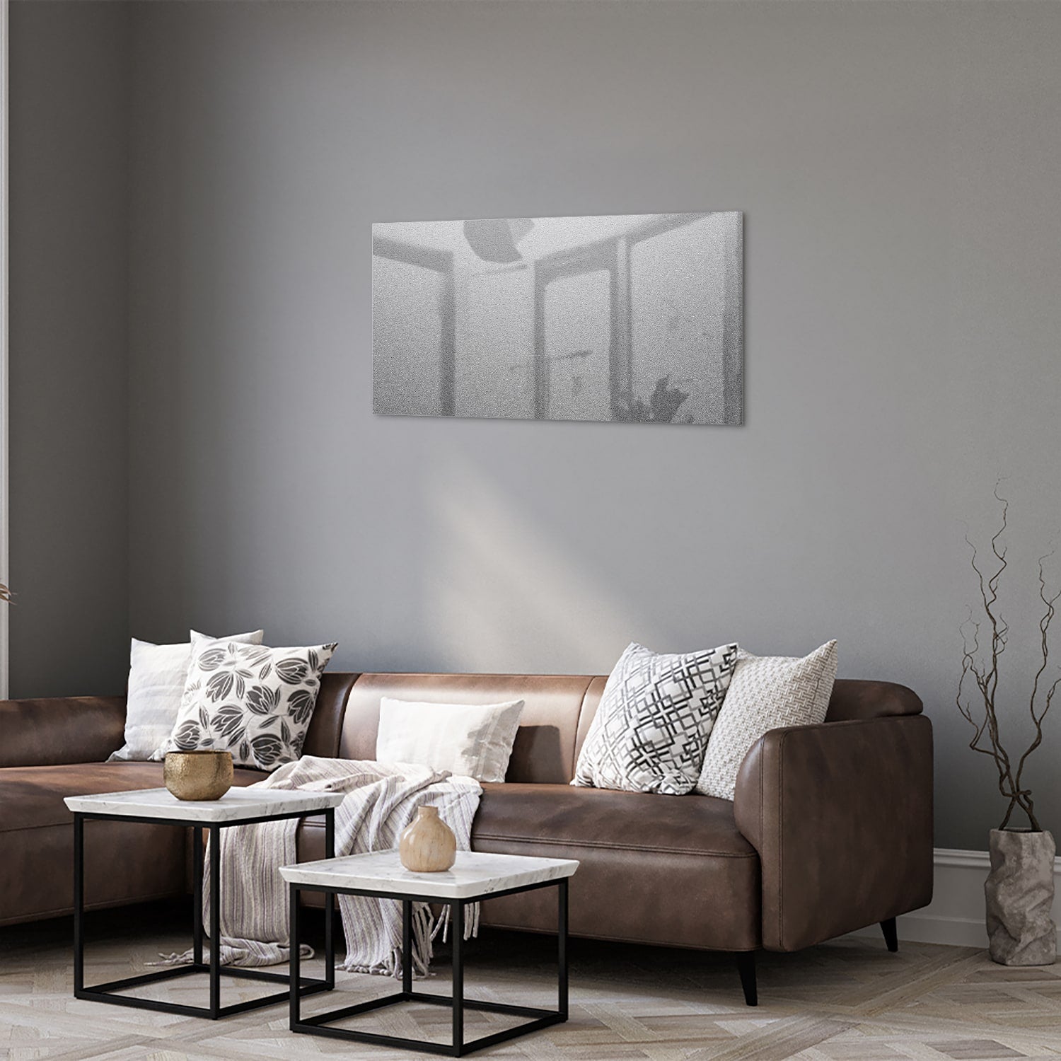 Minimalistisch glazen schilderij met reflecties, ideaal voor een modern interieur