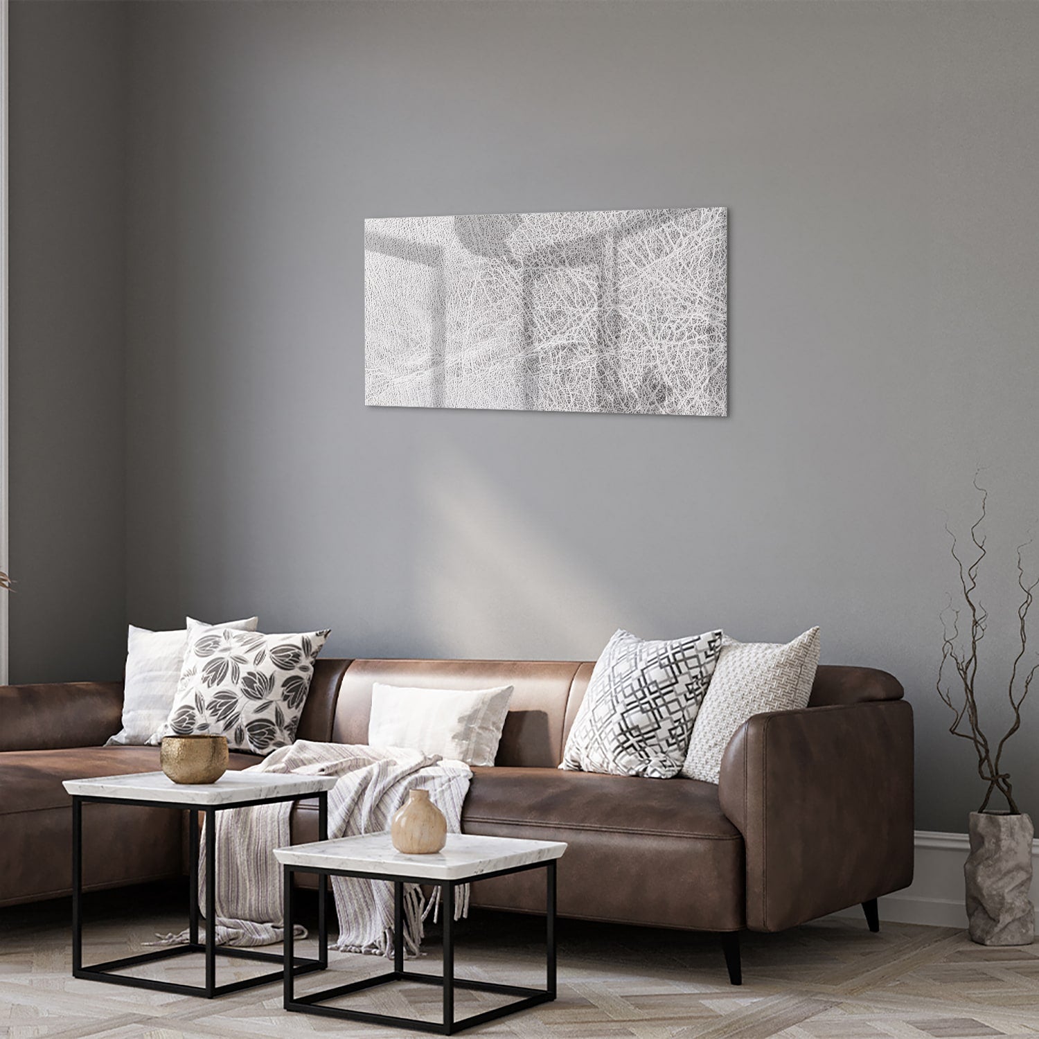 Een abstract glazen schilderij met lijnen, perfect voor moderne interieurs.